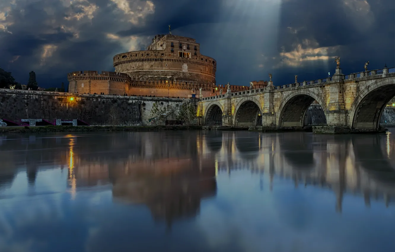 Фото обои мост, город, река, Рим, Италия, мавзолей, Тибр, Castel Sant'Angelo