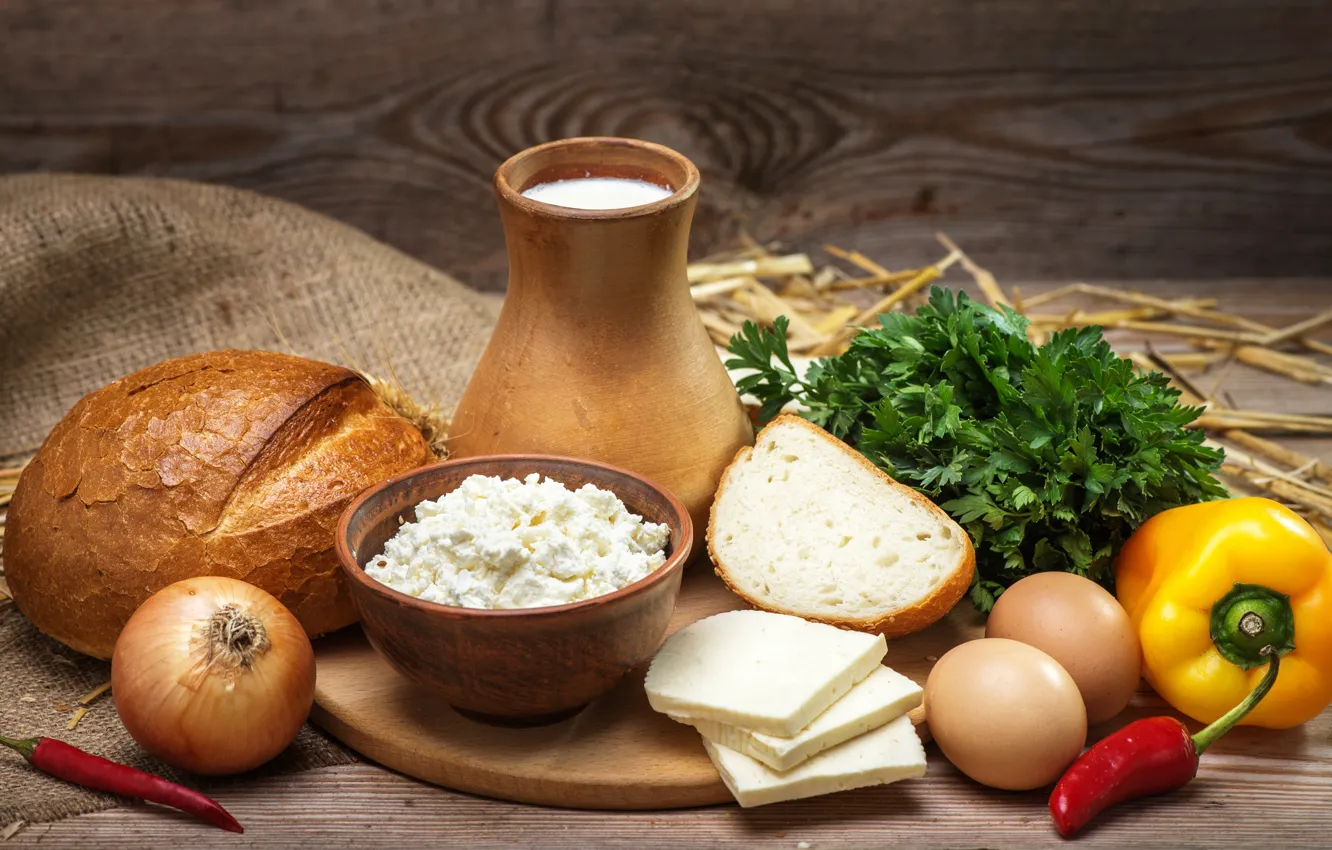 Фото обои зелень, яйца, сыр, молоко, лук, хлеб, доска, перец