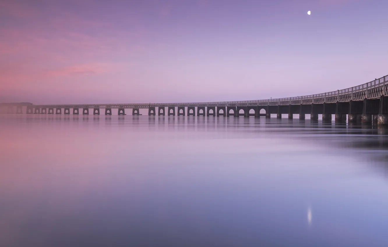 Фото обои закат, мост, берег