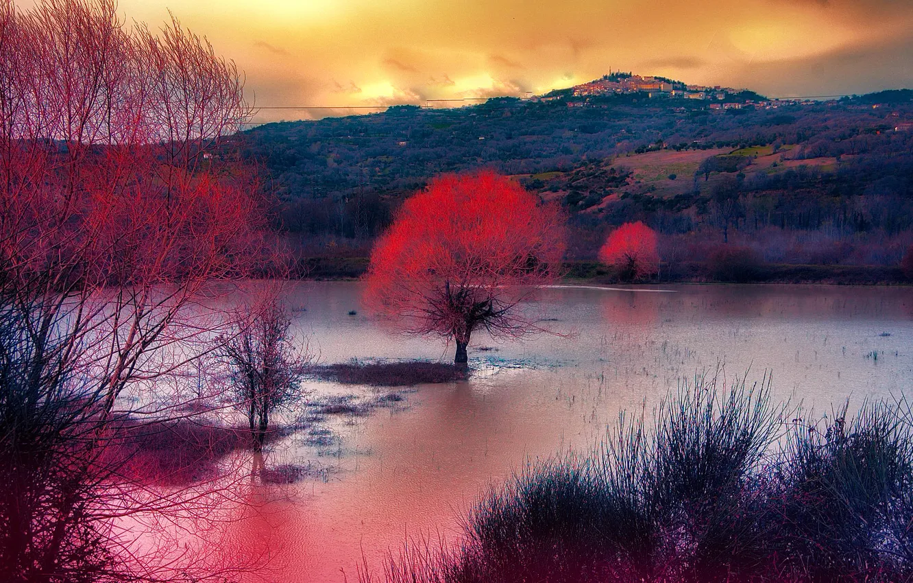 Фото обои осень, облака, деревья, горы, озеро, зарево