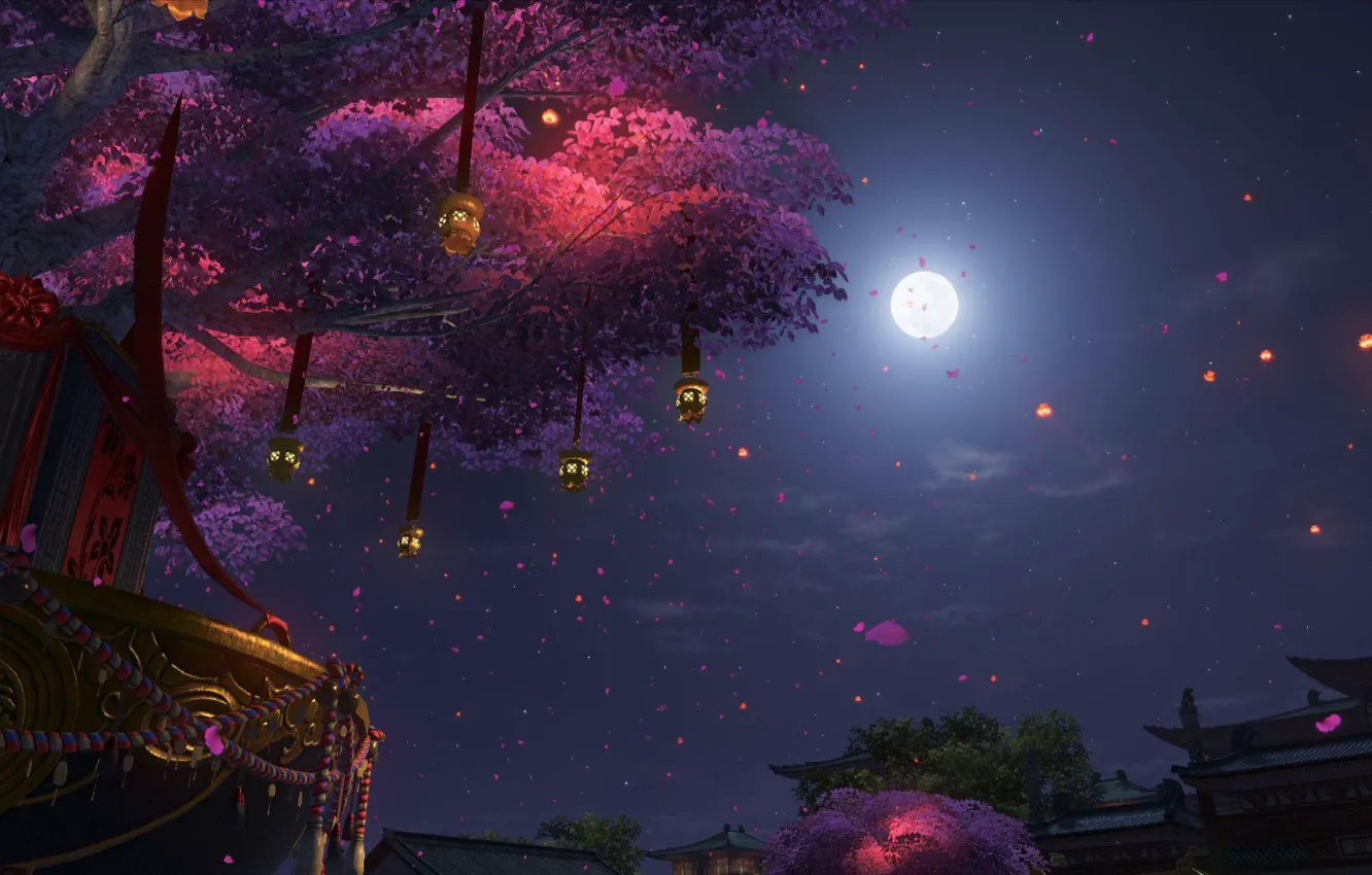 Фото обои деревья, ночь, луна, дома, сакура, фонарики, цветение, by Hy vọng