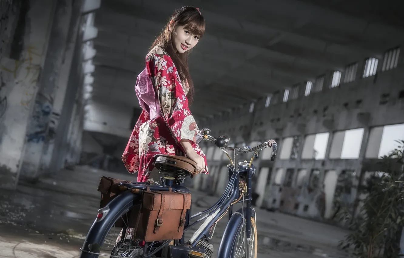 Фото обои bike, room, kimono, Japanese girl