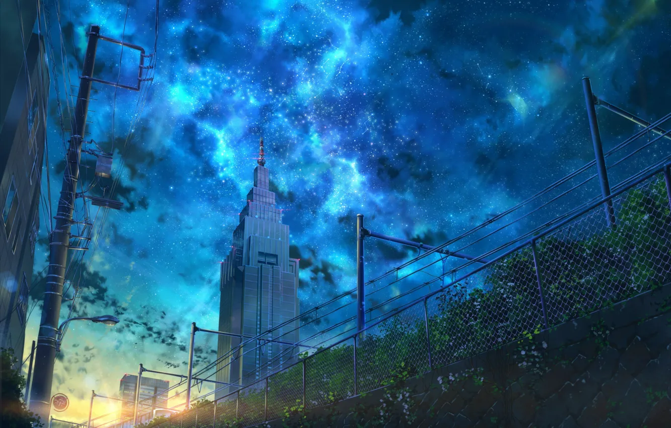 Фото обои Небо, Рисунок, Город, Япония, Здание, City, Japan, Sky