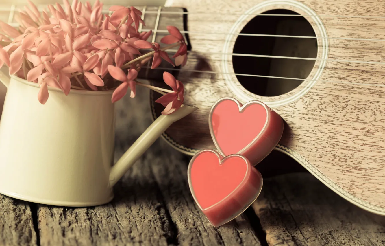 Фото обои цветы, сердце, love, vintage, heart, romantic, укулеле