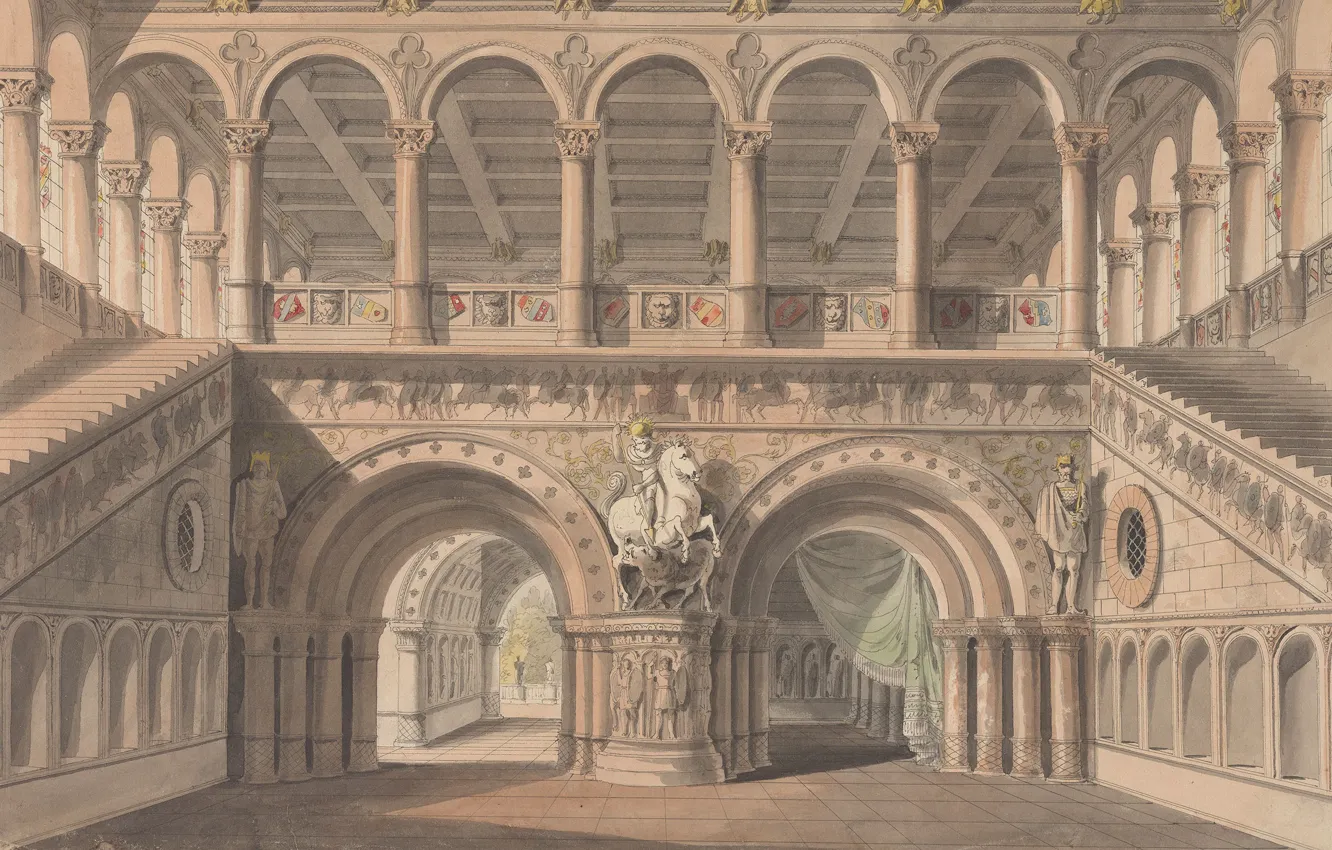 Фото обои замок, картина, лестница, колонны, живопись, статуи, painting, Karl Friedrich Schinkel
