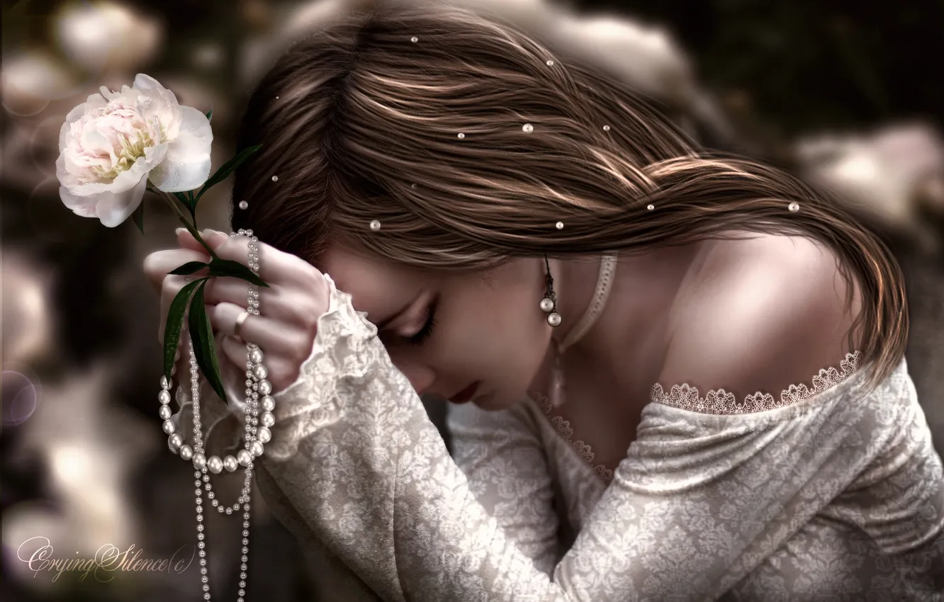 Фото обои грусть, цветок, девушка, украшения, лицо, волосы, руки, жемчуг