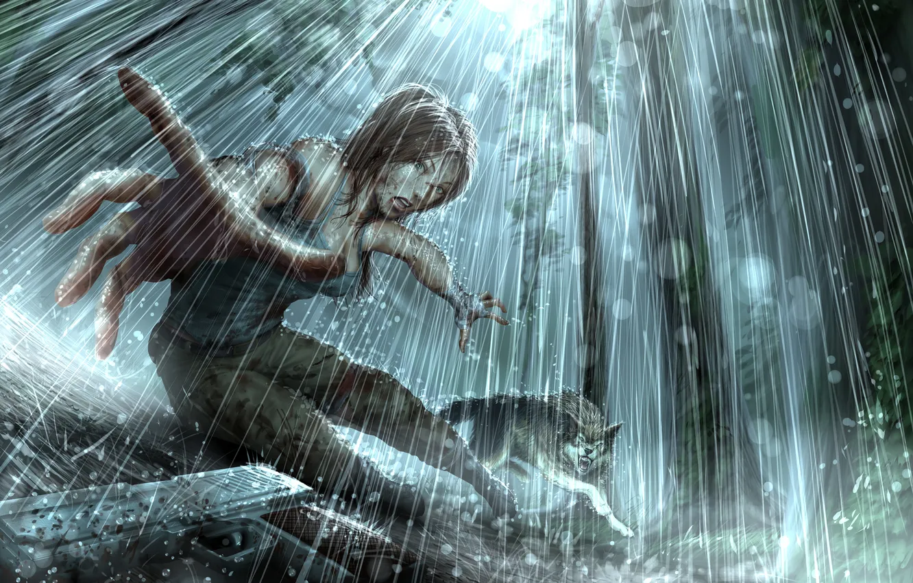 Фото обои девушка, дождь, волк, Tomb Raider
