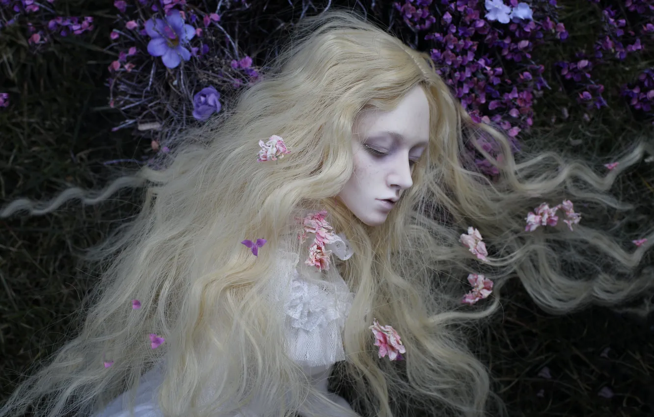 Фото обои девушка, цветы, волосы, кукла, блондинка