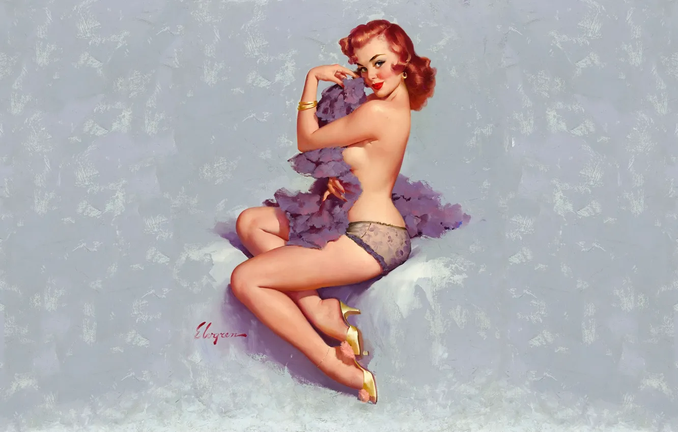 Фото обои туфельки, пеньюар, браслет, рыжая, art, флирт, голубой фон, pin-up