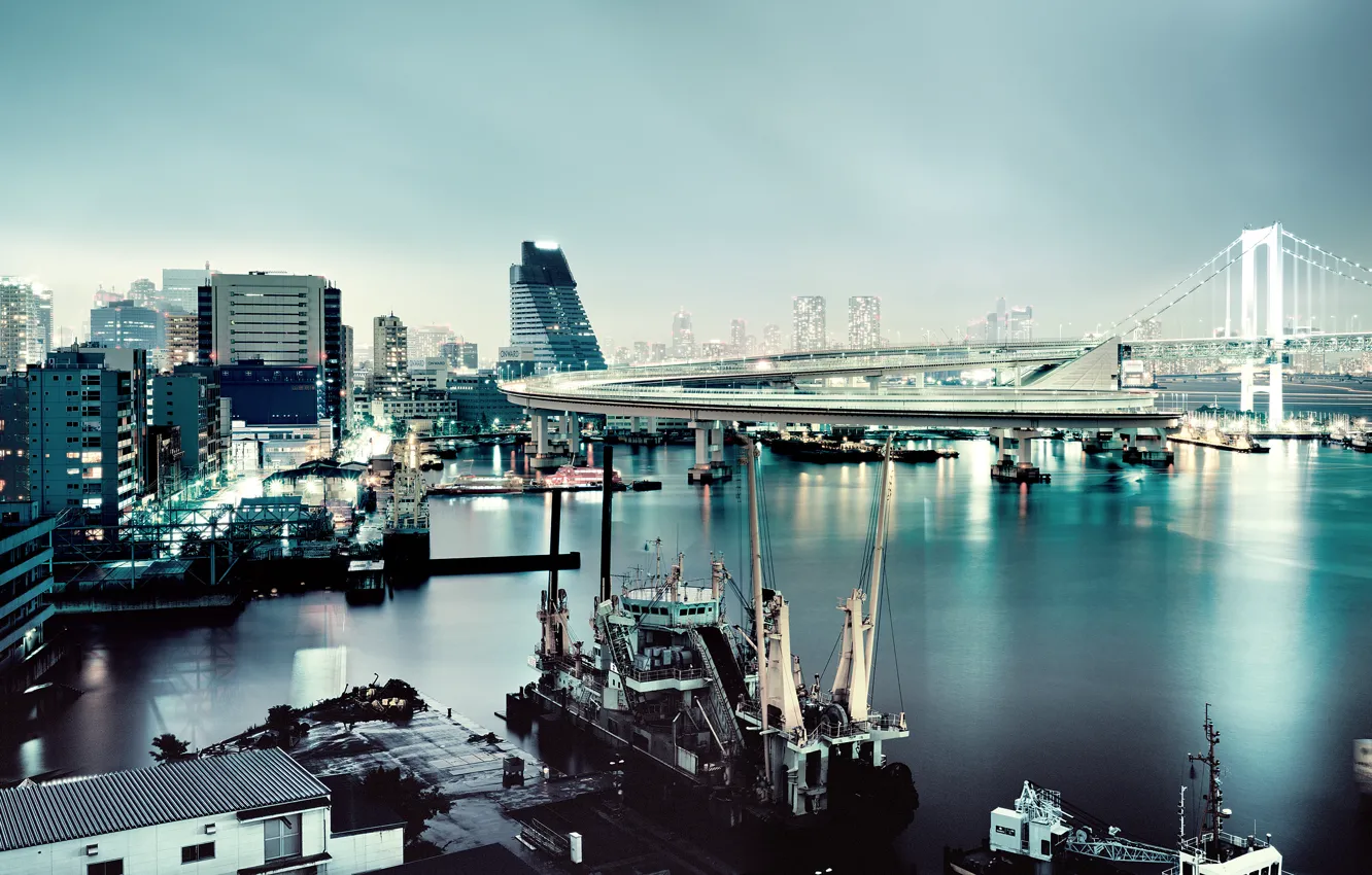 Фото обои Япония, Токио, Tokyo, Rainbow Bridge, радужный мост
