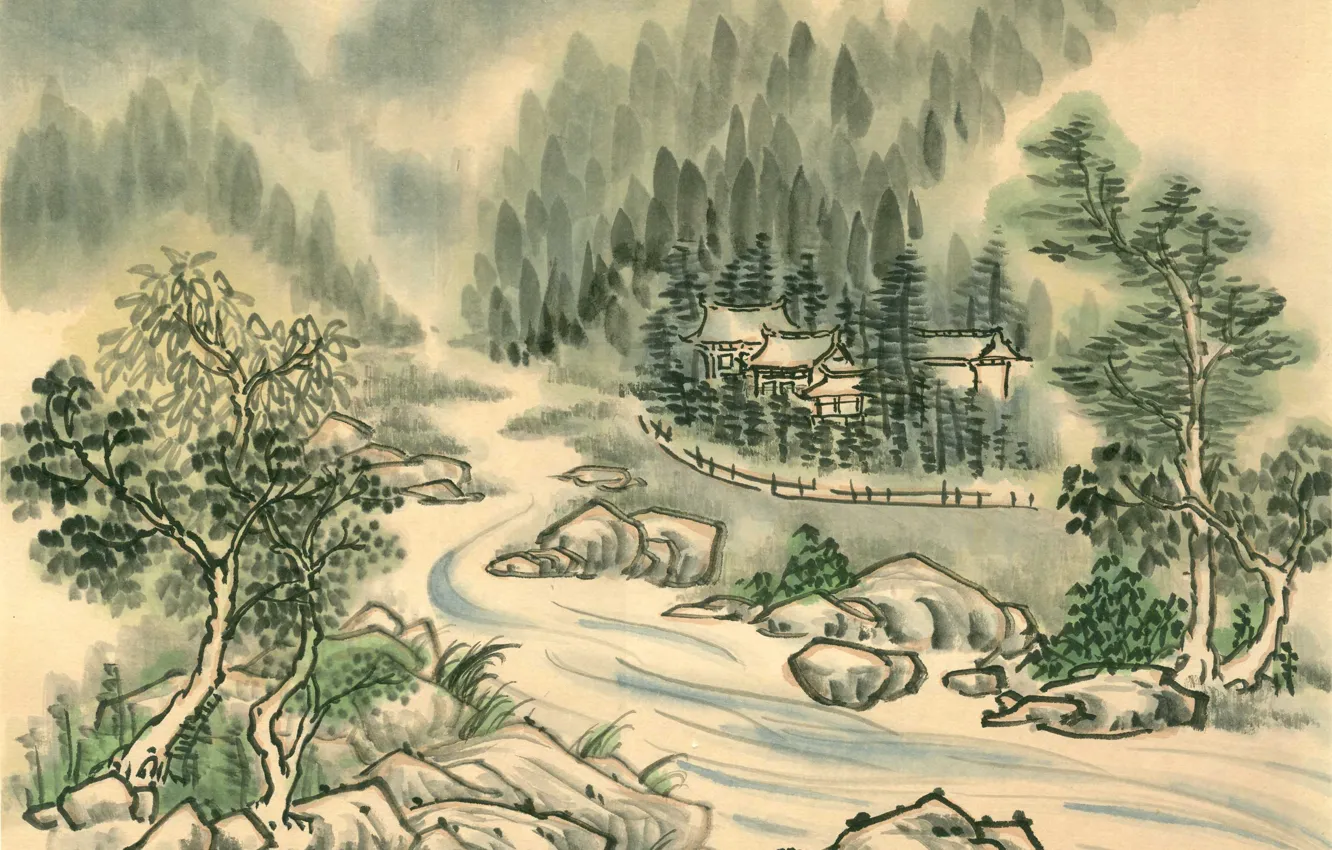 Фото обои лес, деревья, река, берег, Япония, деревня, храм, Живопись