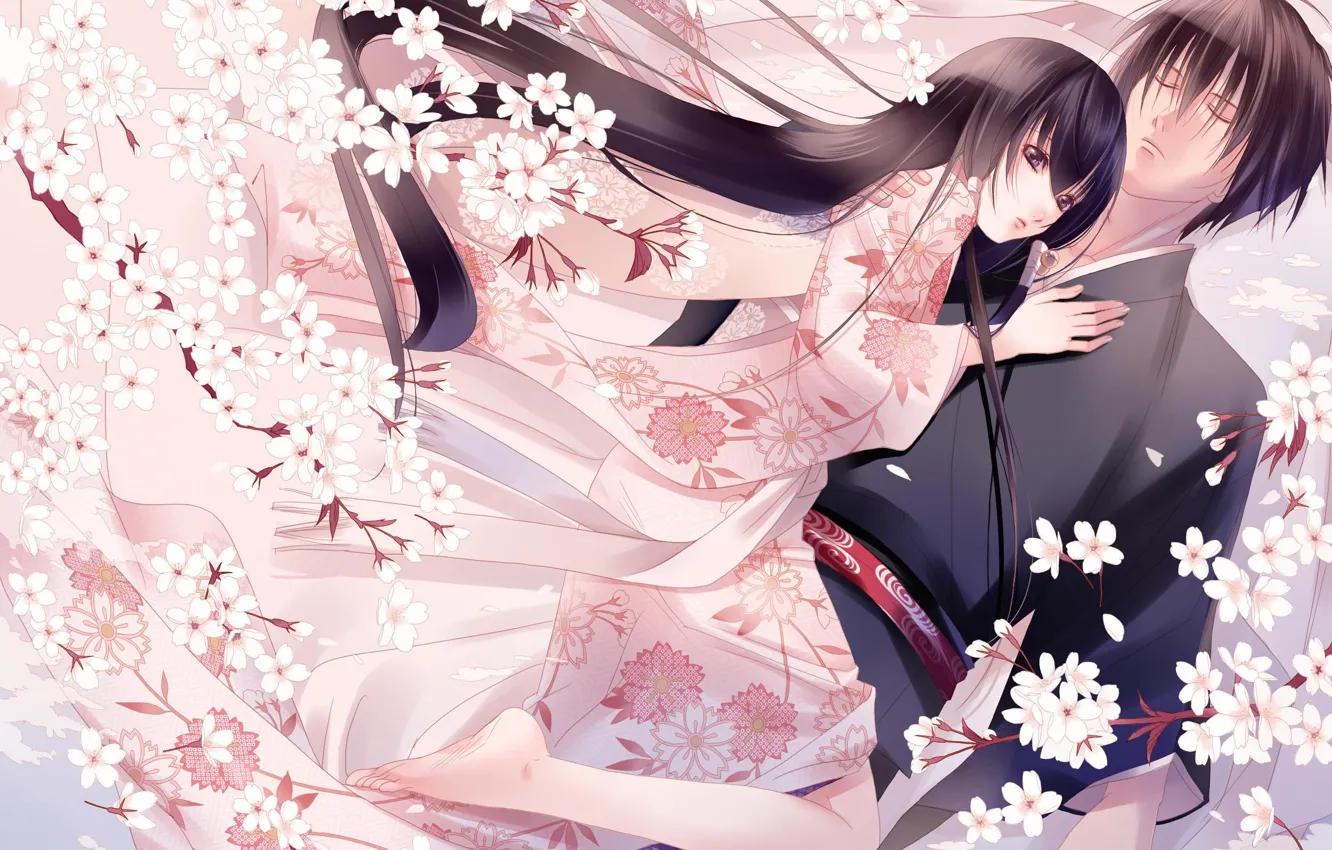 Фото обои любовь, цветы, настроение, нежность, япония, весна, аниме, сакура
