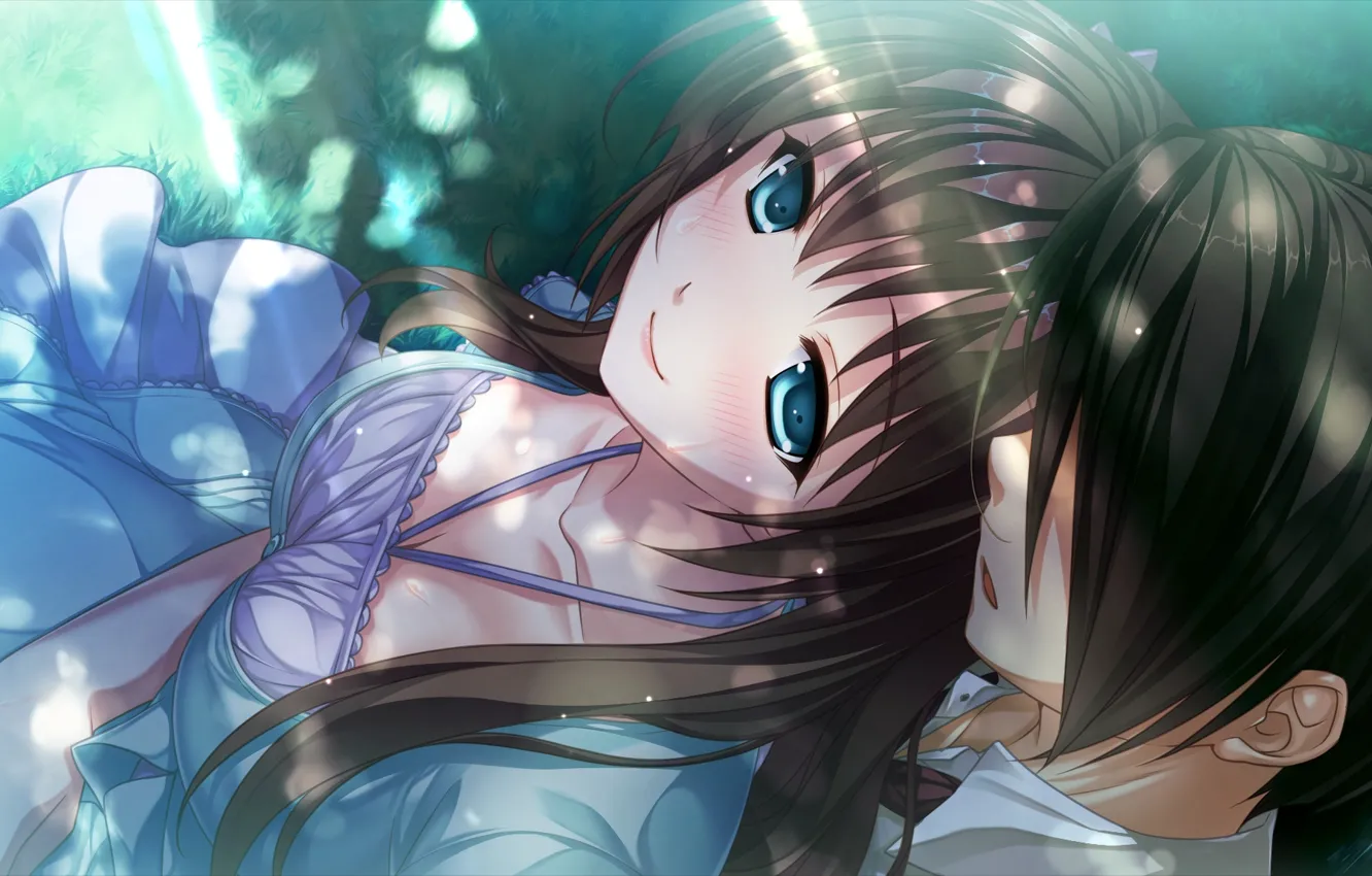 Фото обои лето, трава, лучи, тень, двое, свидание, art, tsukumo no kanade