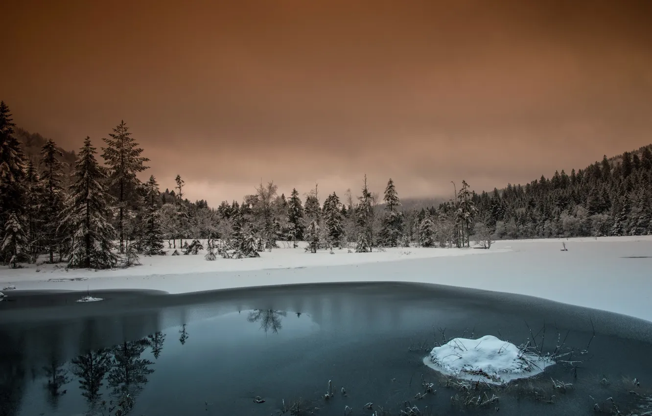 Фото обои зима, озеро, вечер