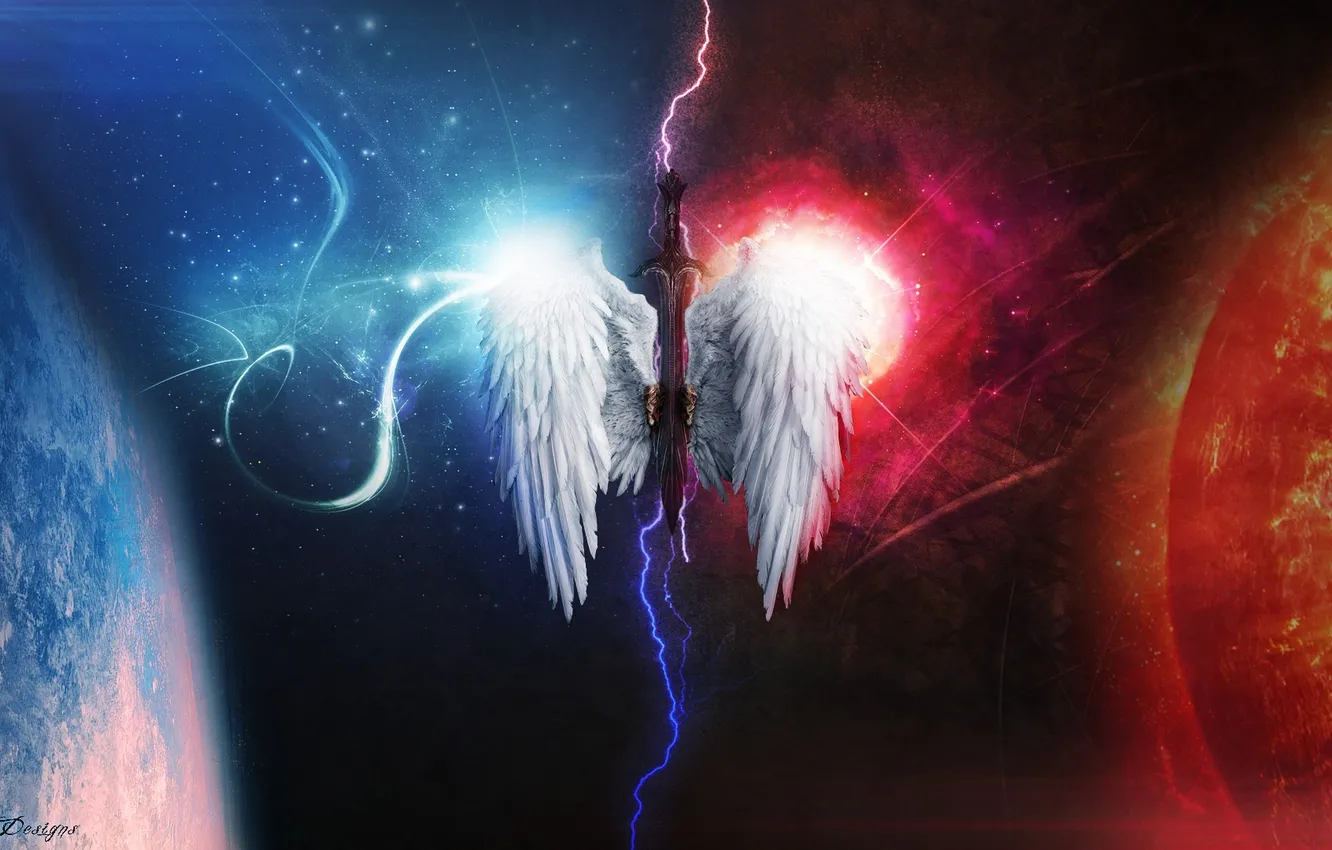 Фото обои sword, wings, fight, dark side, light side