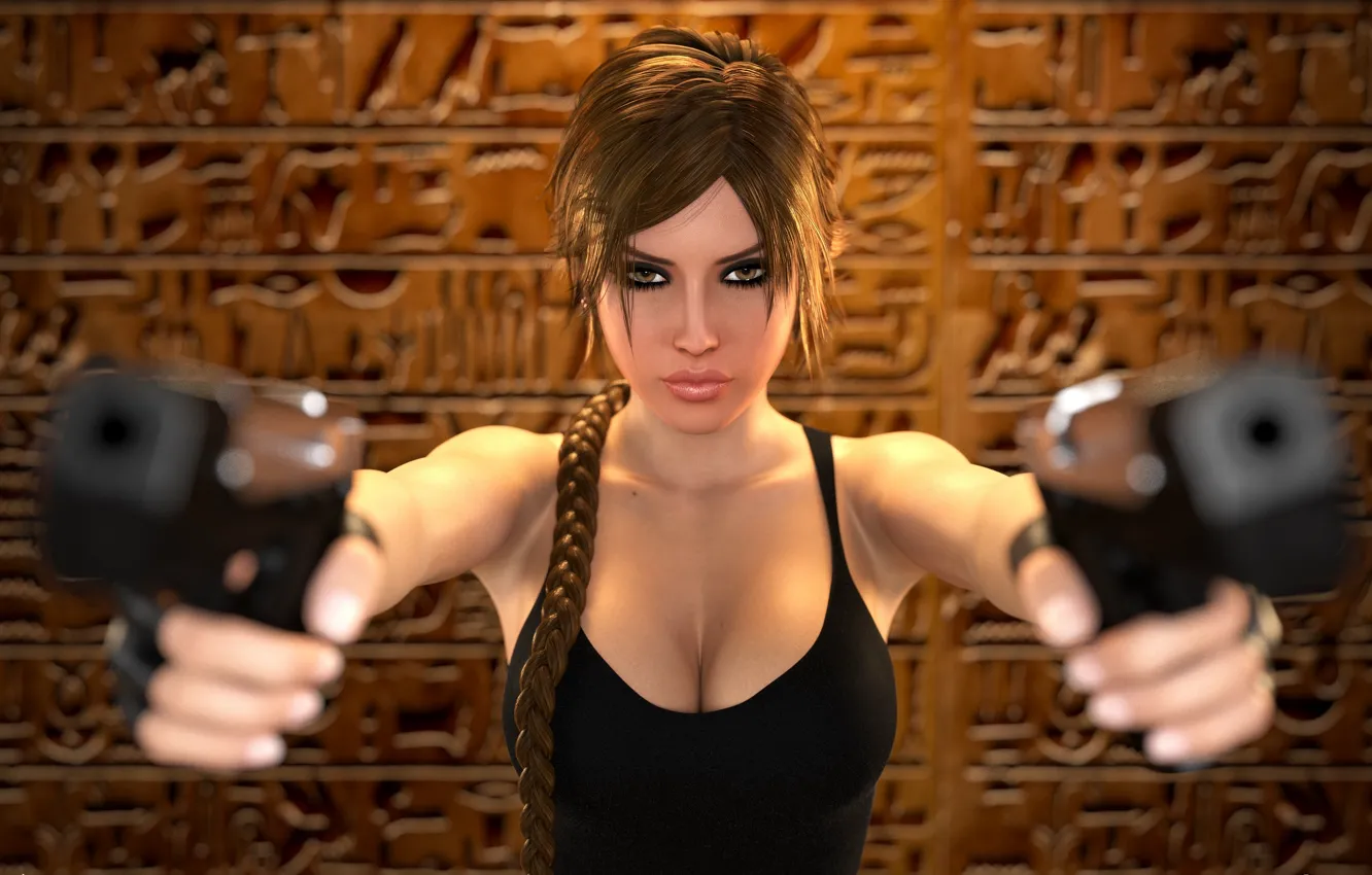 Фото обои грудь, взгляд, девушка, волосы, пистолеты, коса, lara croft, tomb raider