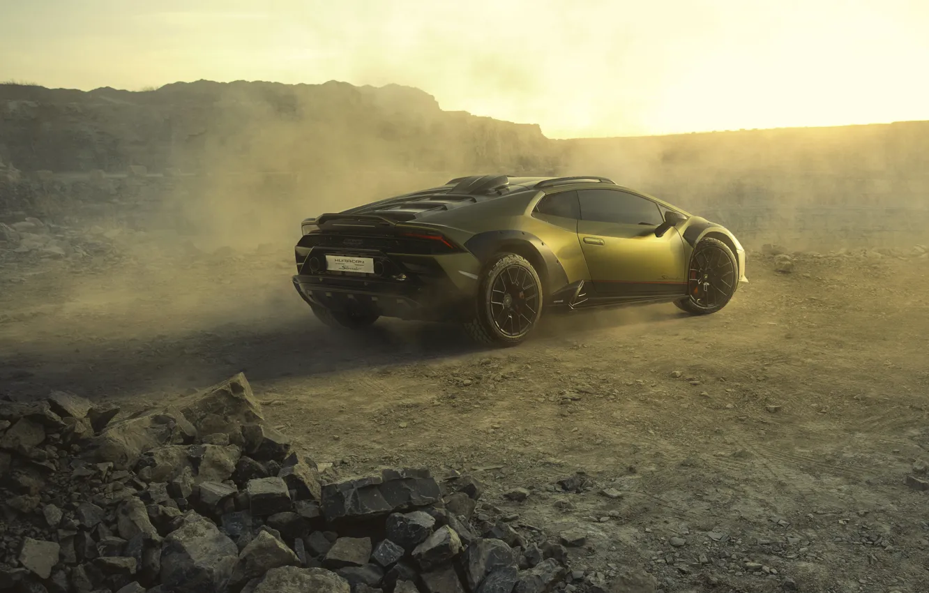 Фото обои Lamborghini, Пыль, Камни, Внедорожный суперкар, Lamborghini Huracan Sterrato, Off-road supercar