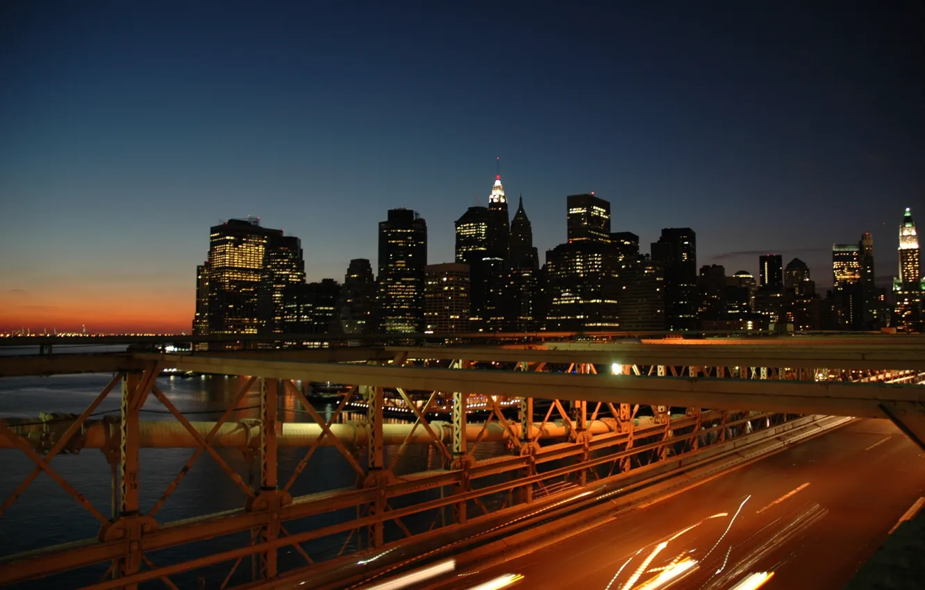 Фото обои lights, bridge, night, New York, Brooklyn Bridge, skylines