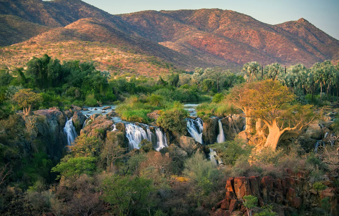 Фото обои деревья, горы, река, камни, водопад, кусты, Angola, Oncocua