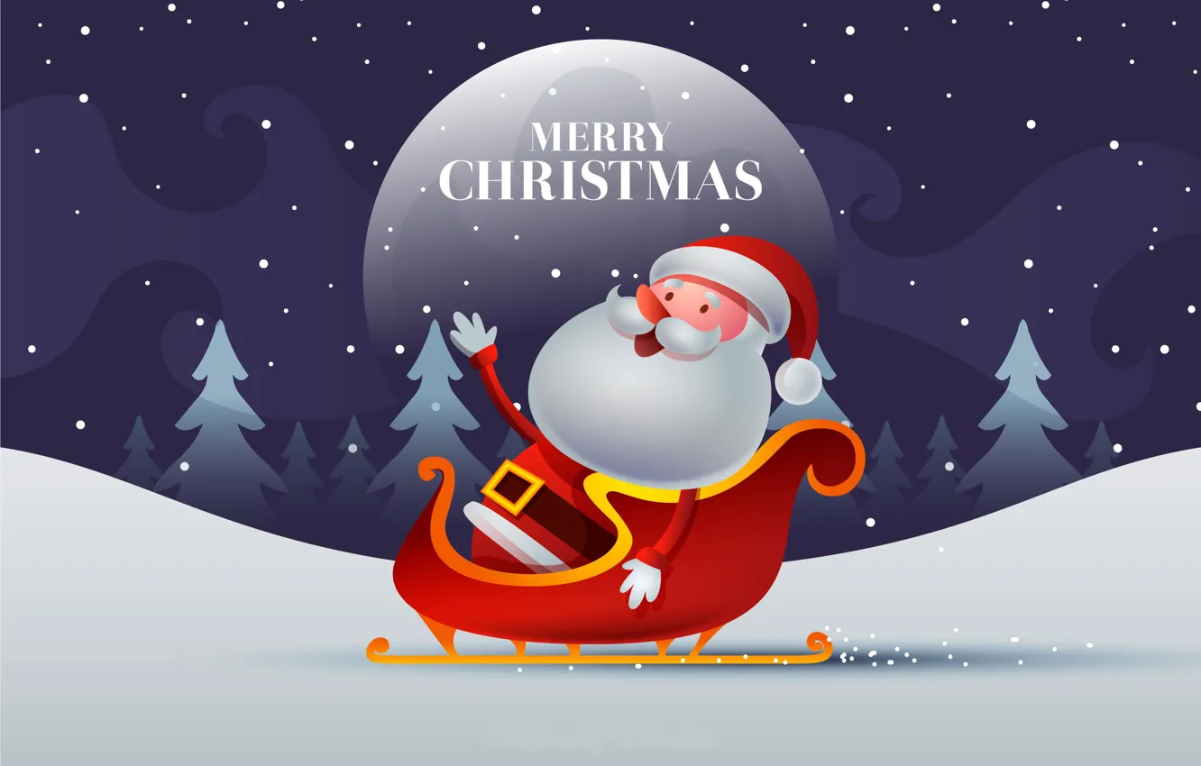 Фото обои Зима, Ночь, Снег, Луна, Рождество, Новый год, Санта Клаус, Merry Christmas