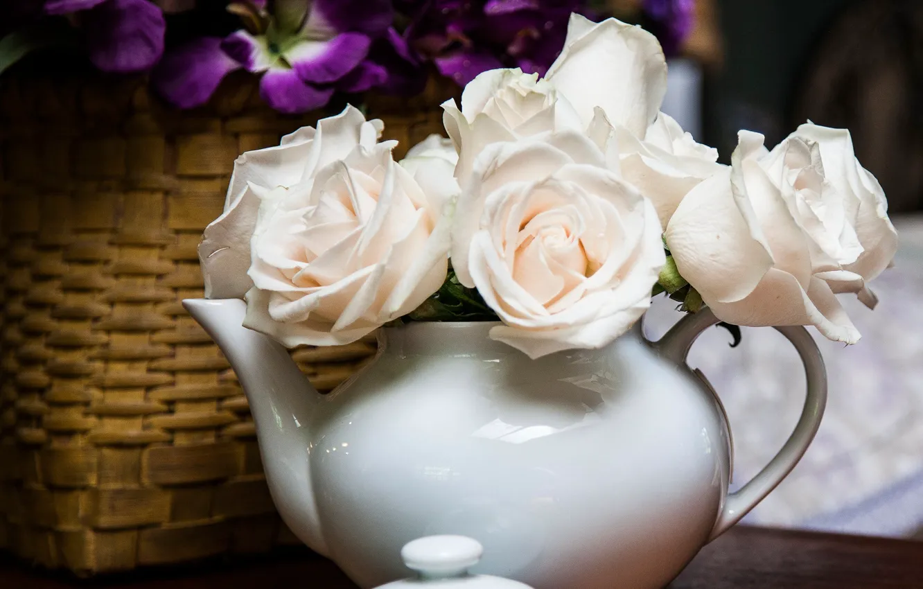 Фото обои стиль, розы, чайник, белые