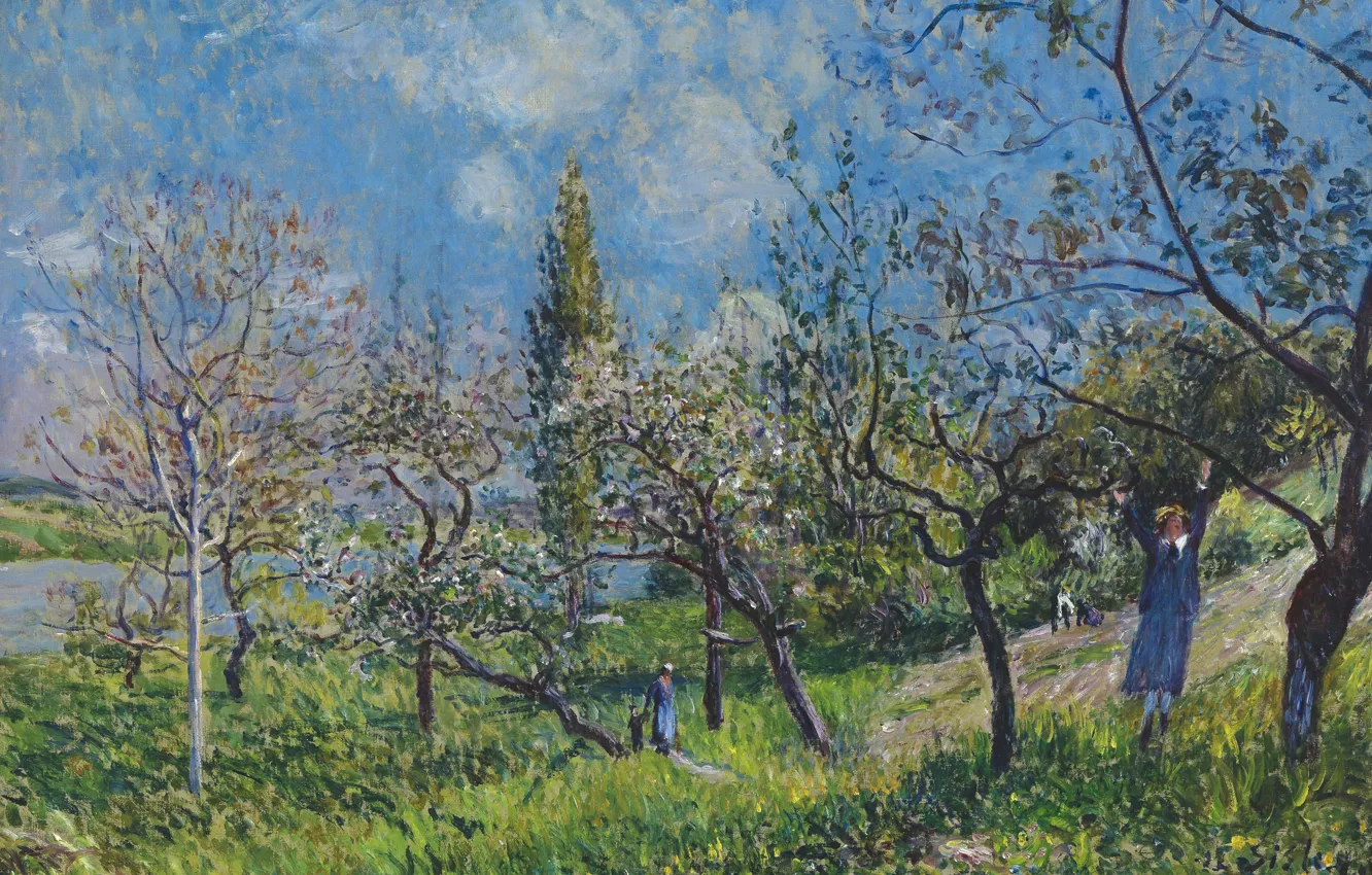 Фото обои пейзаж, картина, Alfred Sisley, Альфред Сислей, Весенний Сад