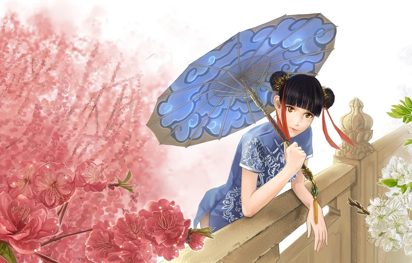 Фото обои девушка, весна, зонт, аниме, сакура, арт, Wow