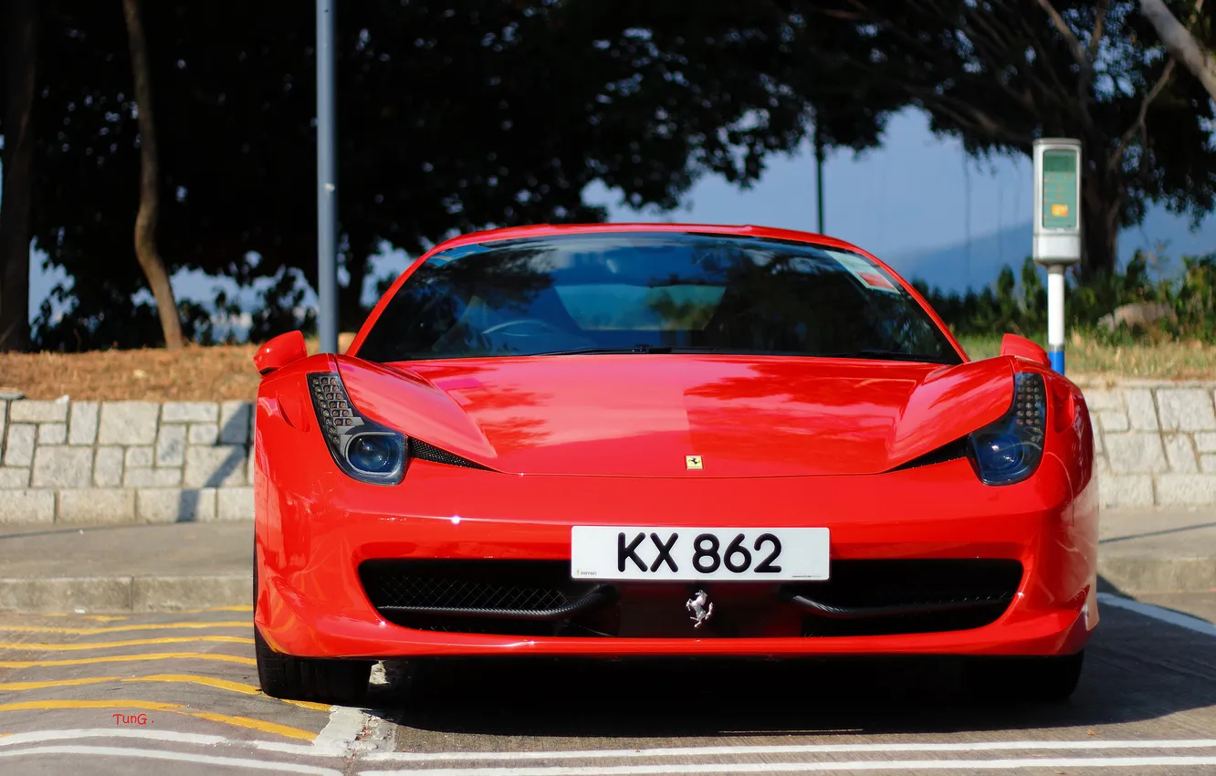 Фото обои Ferrari, суперкар, red, феррари, 458, передок, Hong Kong, Italia