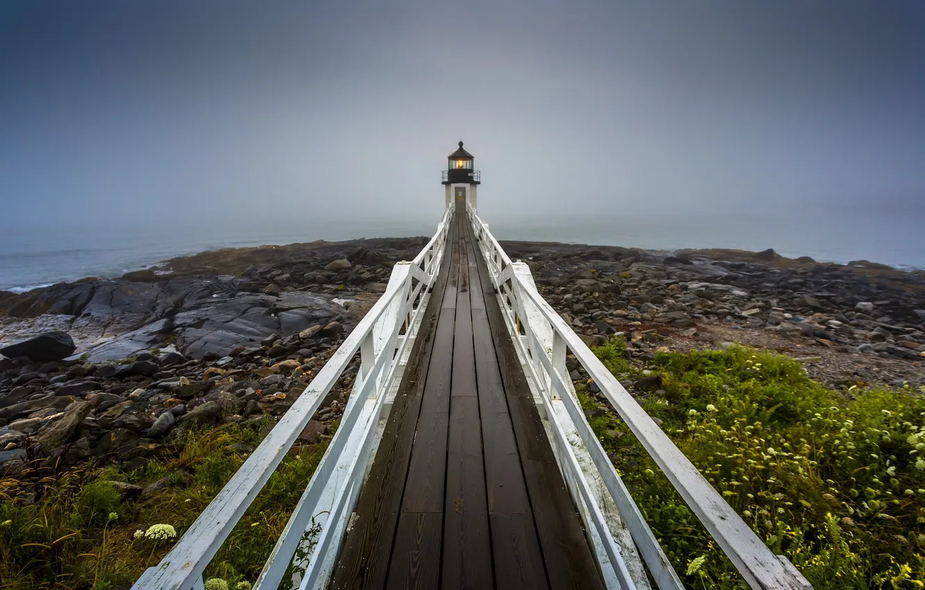 Фото обои beach, coast, fog, Marshall Point Lighthouse