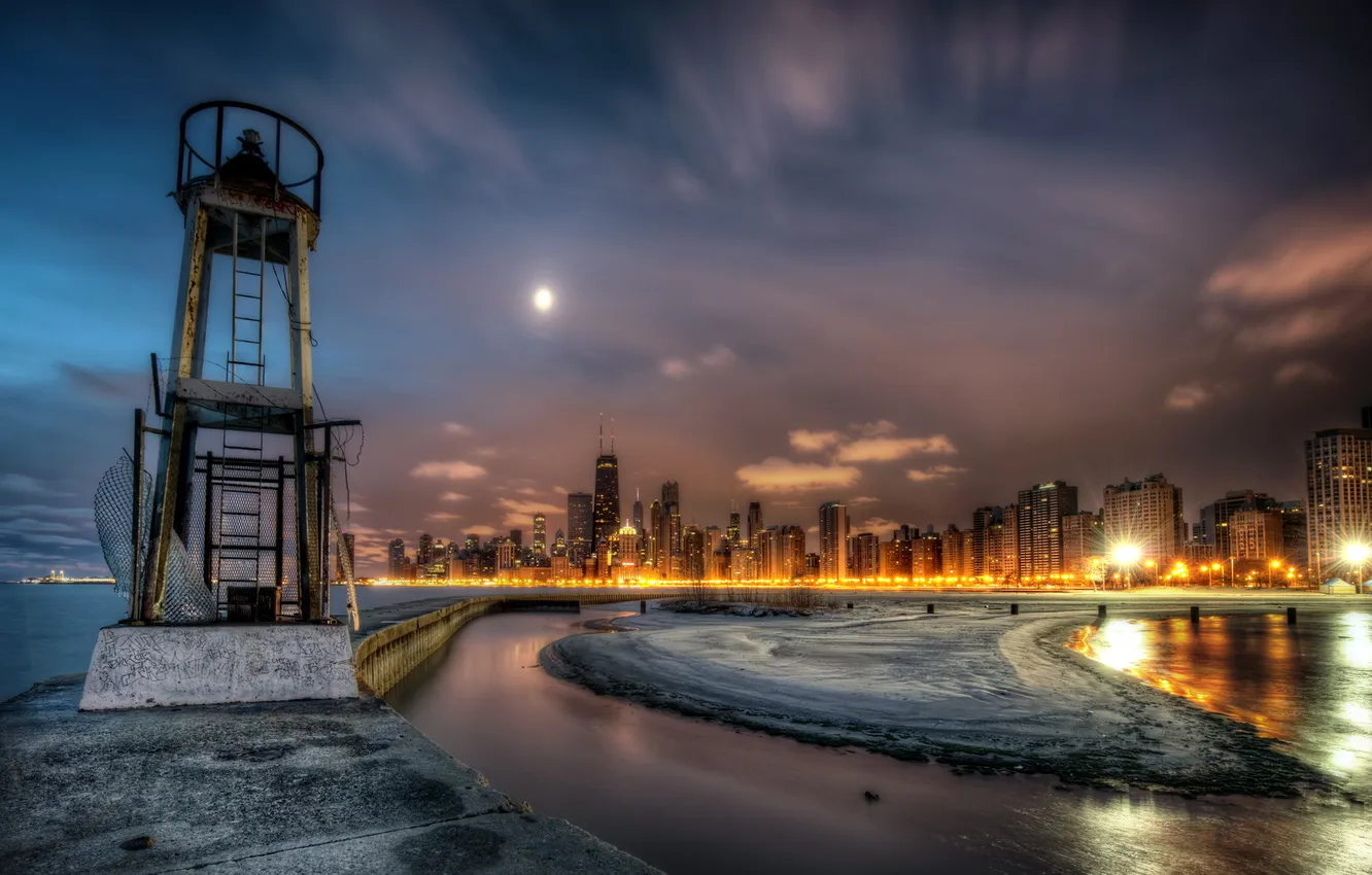 Фото обои небо, ночь, город, фото, HDR, Чикаго, США