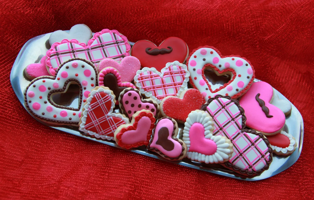 Фото обои красный, фон, печенье, сердечки, сладости, День святого Валентина, выпечка