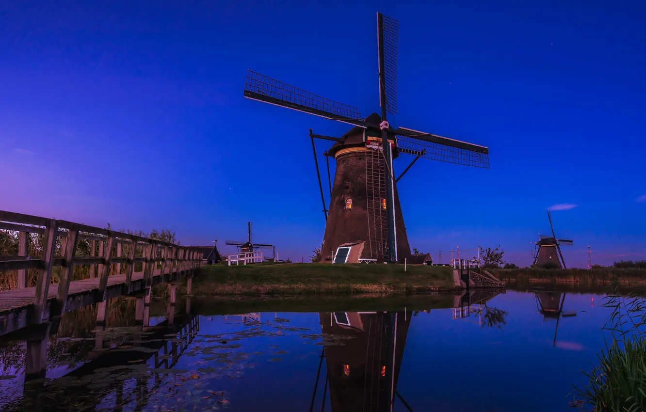 Фото обои мост, канал, Нидерланды, ветряная мельница, Киндердейк
