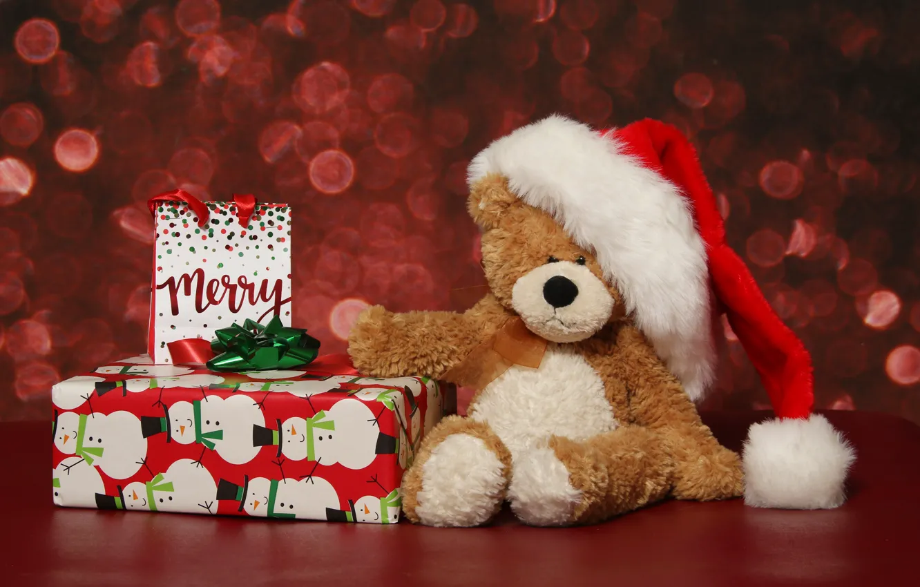 Фото обои зима, праздник, коробка, подарок, игрушка, медведь, Рождество, мишка