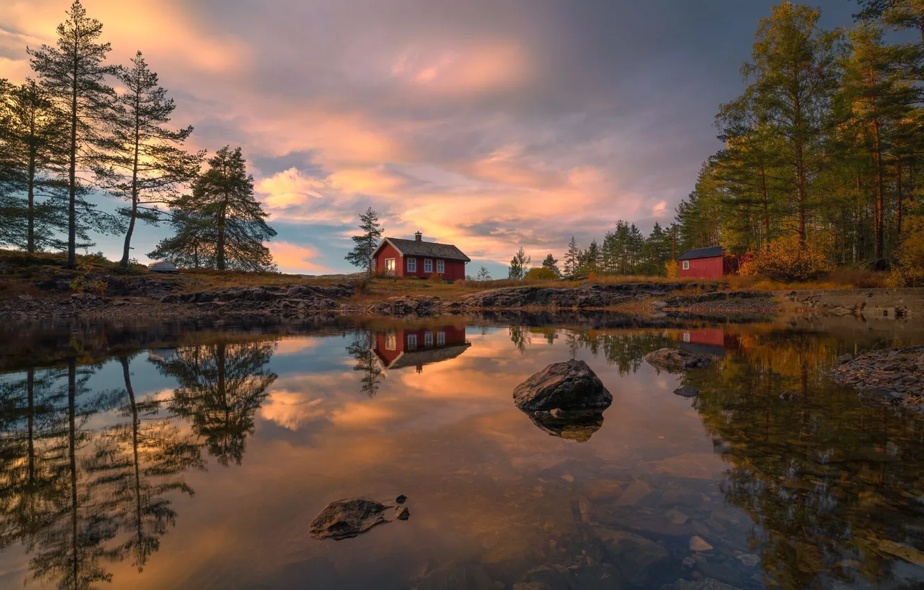 Фото обои деревья, закат, озеро, отражение, камни, Норвегия, домики, Norway