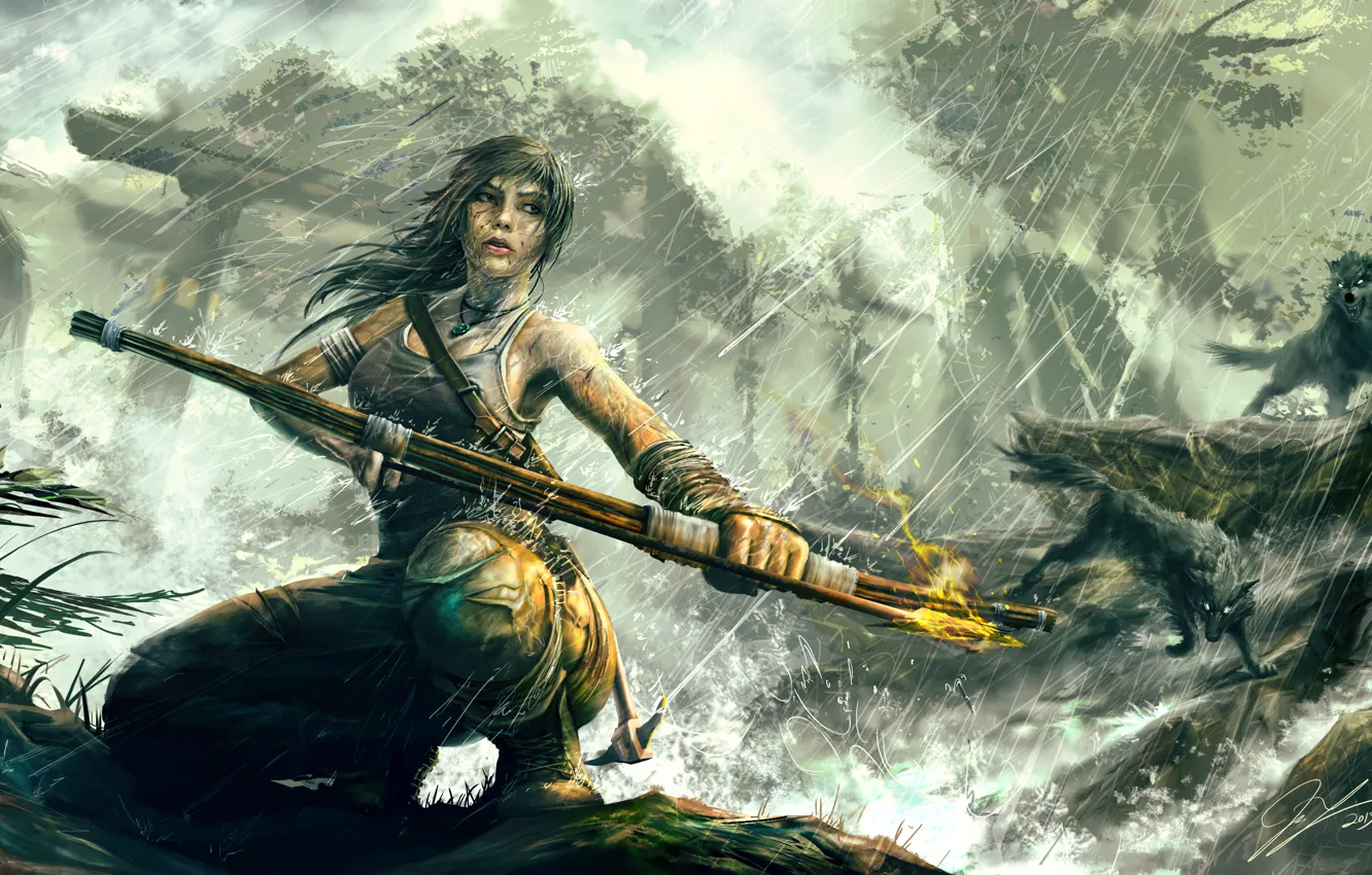 Фото обои девушка, лук, стрела, lara croft, tomb raider, reborn, волк дождь Tomb Raider Reborn
