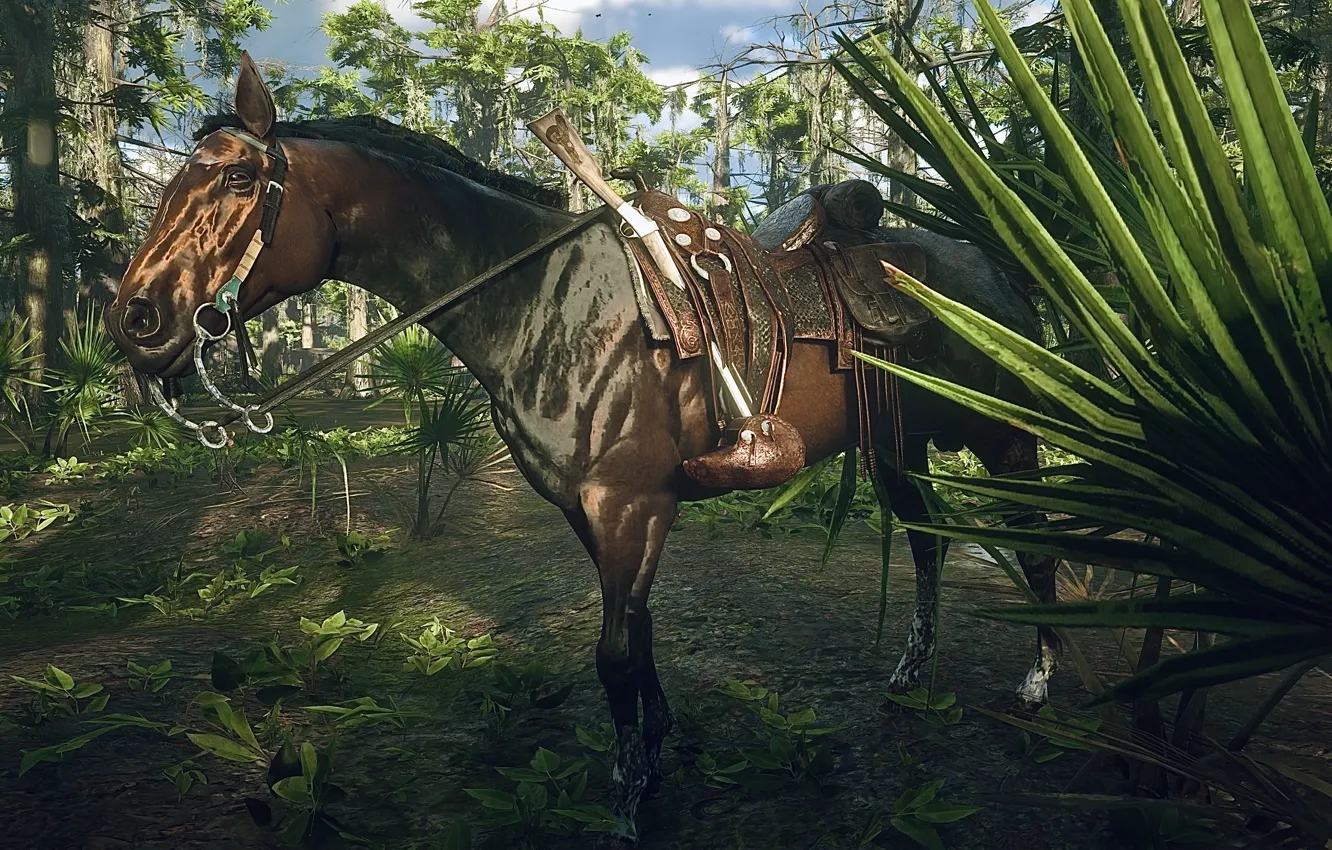 Фото обои HDR, Gun, Wood, Game, Horse, Plants, UHD, Red Dead Redemption 2