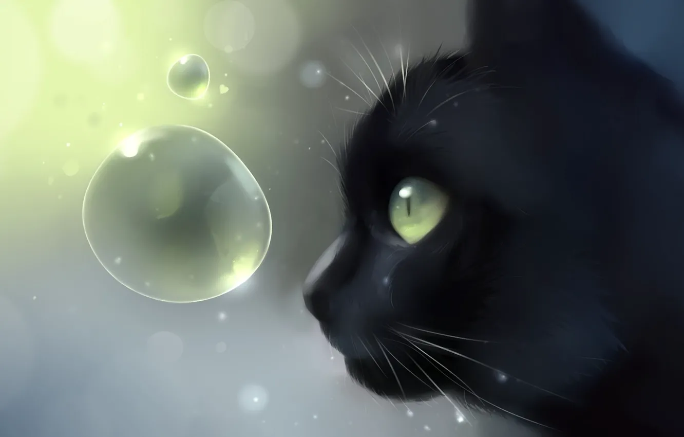 Фото обои кошка, кот, пузырьки, черный, голова, арт, профиль, Apofiss