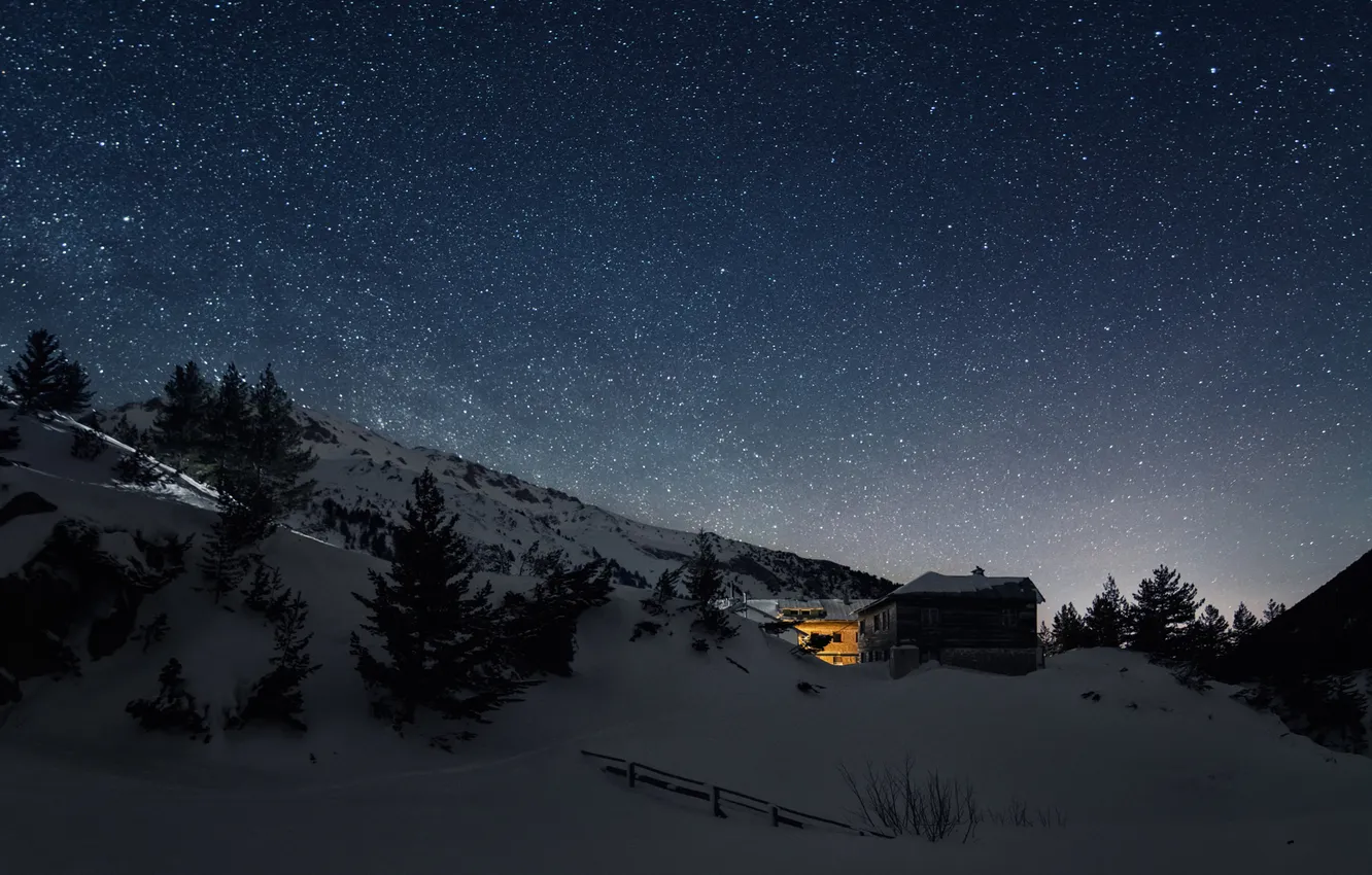 Фото обои зима, небо, звезды, снег, Болгария, Национальный парк Пирин, Благоевград, горы Пирин