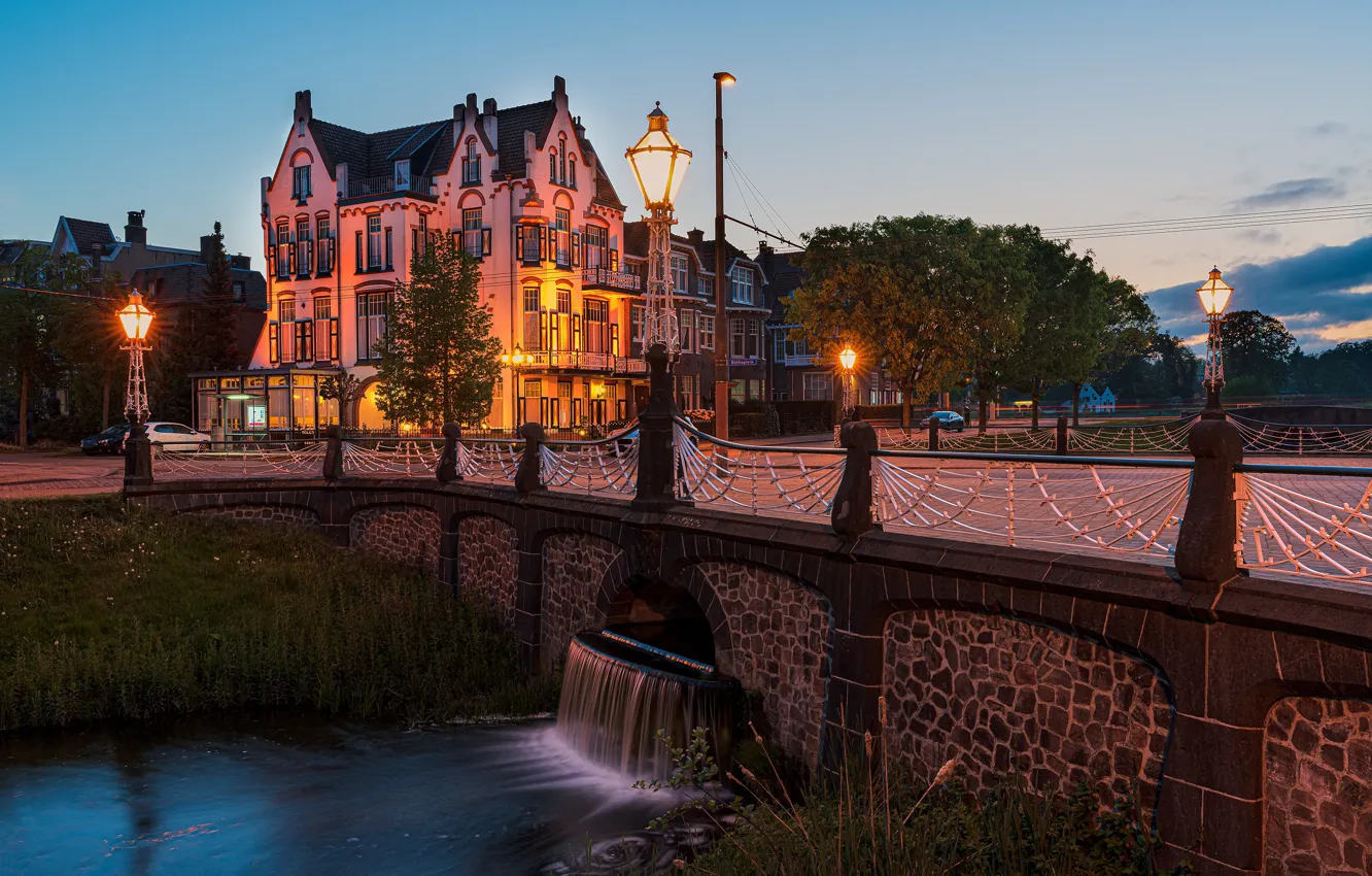 Фото обои мост, река, здание, фонари, Нидерланды, Netherlands, Arnhem, Арнем
