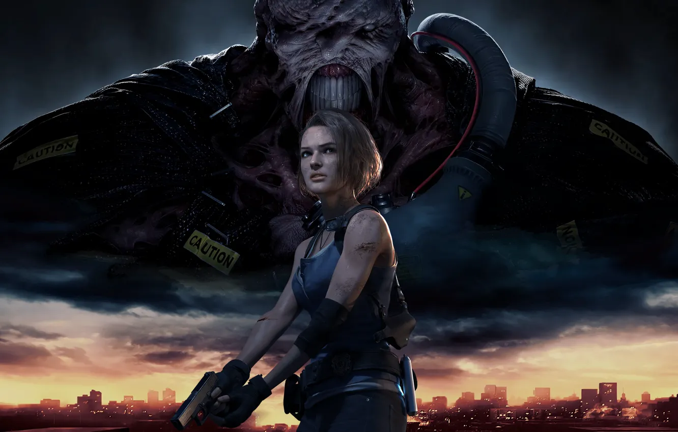 Фото обои девушка, пистолет, монстр, Обитель Зла, Resident Evil 3, Resident Evil 3 (2020)