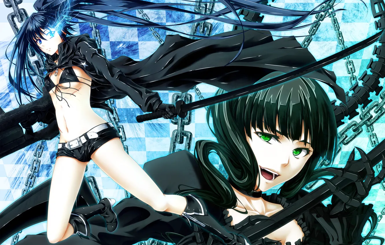 Фото обои взгляд, улыбка, оружие, девушки, настроение, меч, цепи, black rock shooter