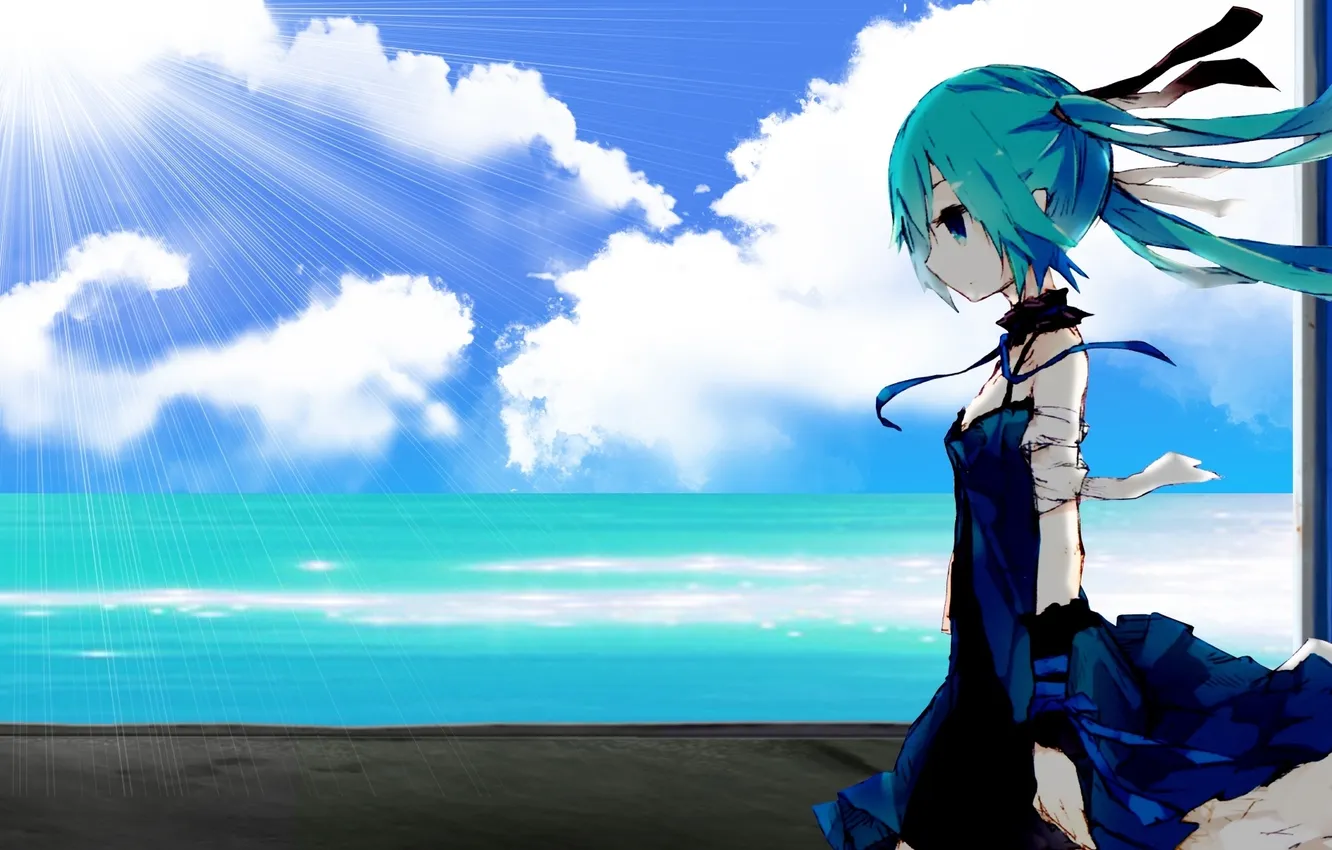 Фото обои море, небо, девушка, солнце, облака, арт, vocaloid, hatsune miku