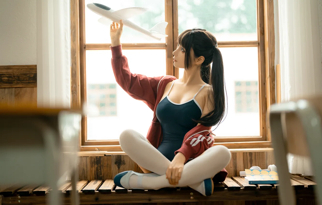 Фото обои Asian, model, women, cosplay, swimwear, women indoors, Chun Momo, classroo