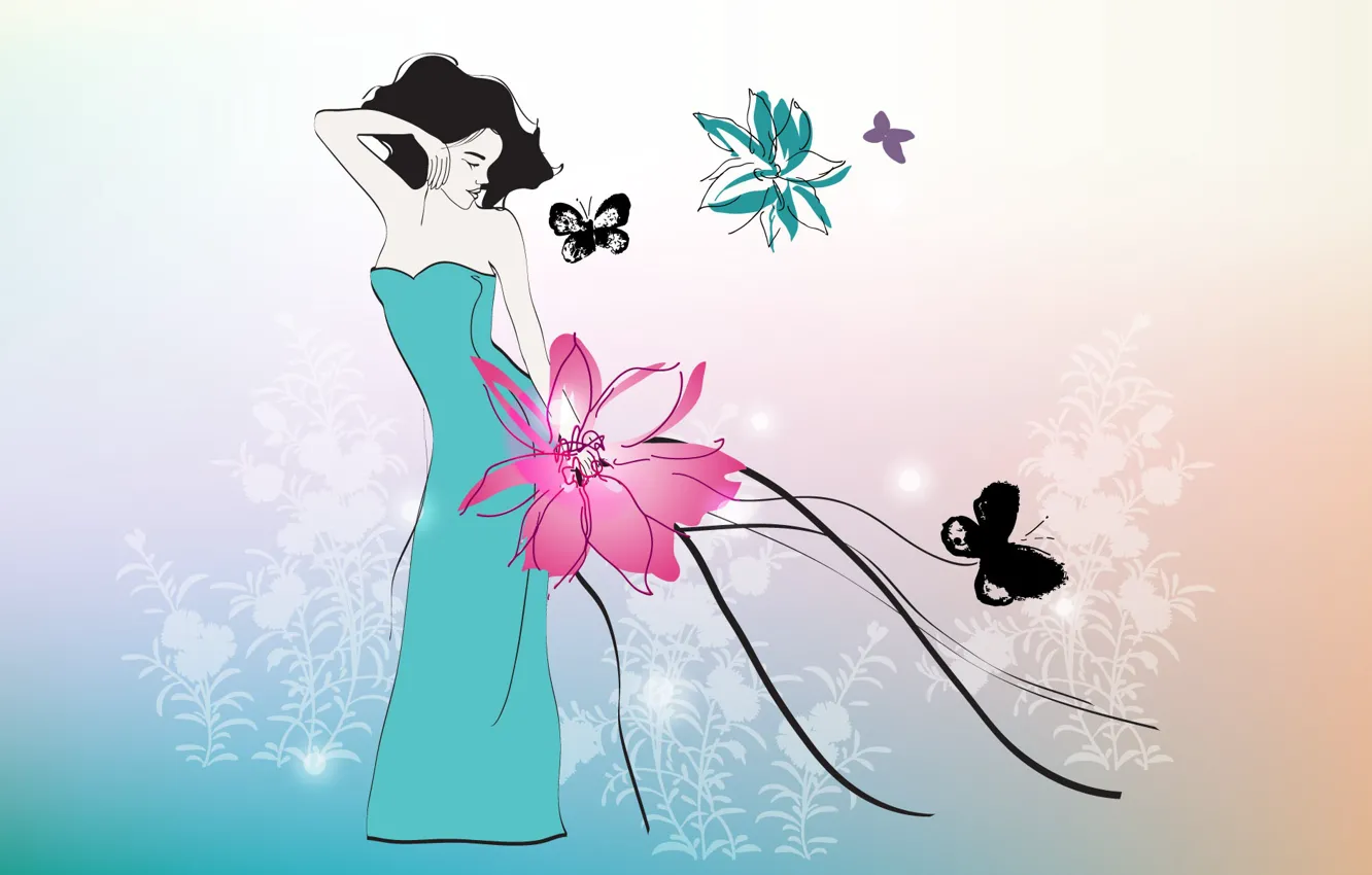 Фото обои цветок, девушка, бабочки, платье