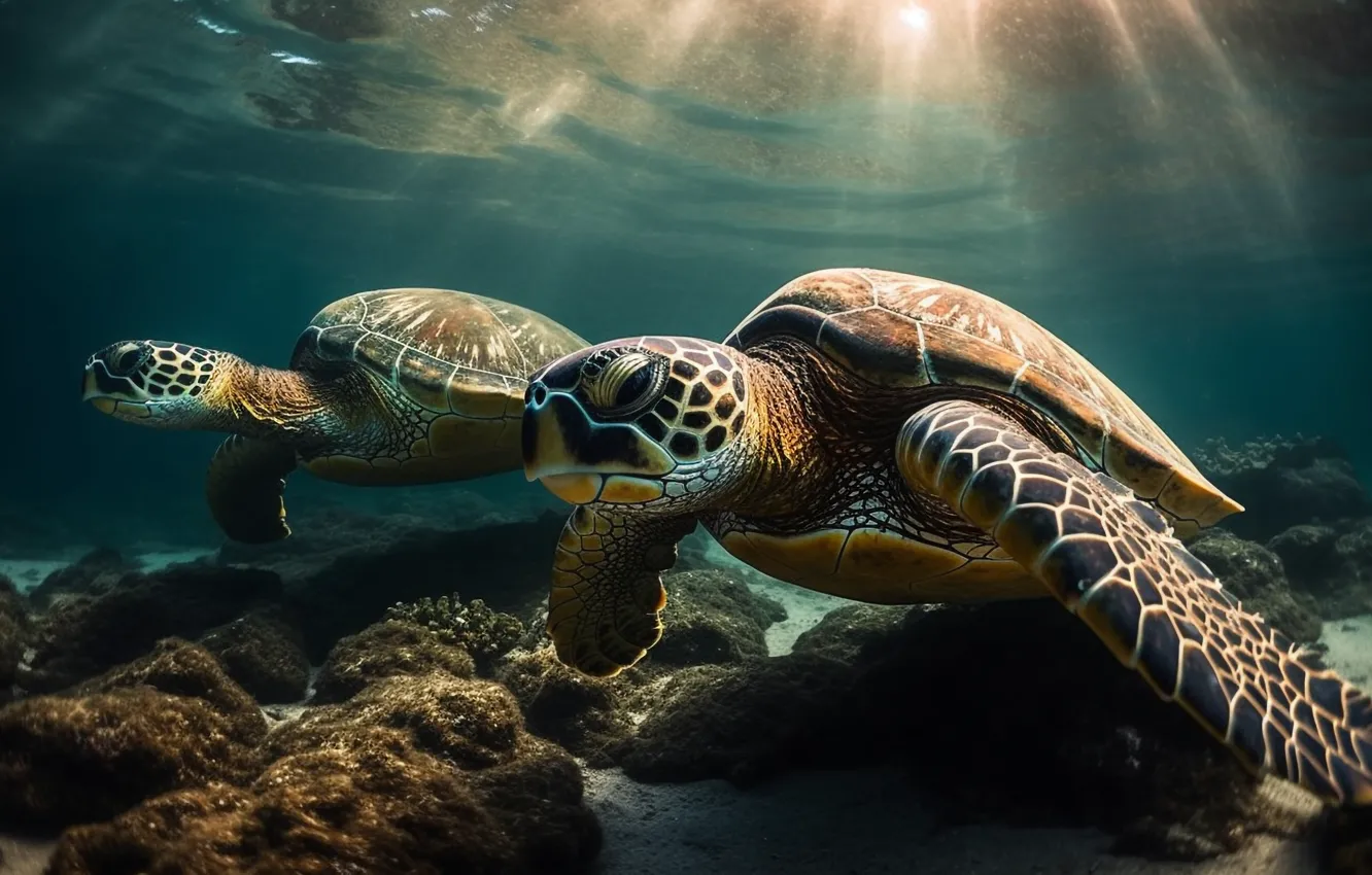 Фото обои море, взгляд, вода, свет, черепаха, пара, подводный мир, морская черепаха