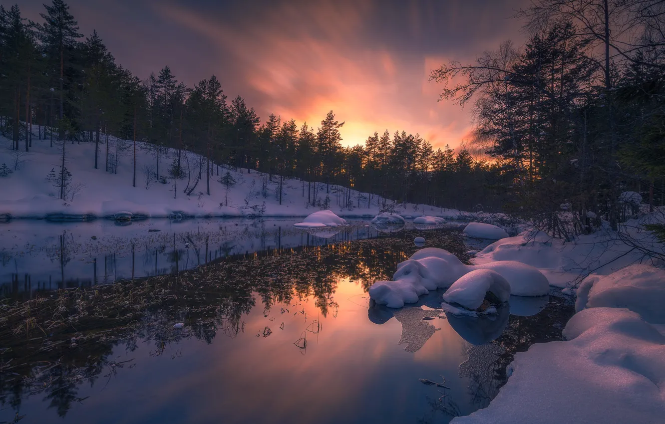 Фото обои снег, река, Норвегия, Norway, Ringerike