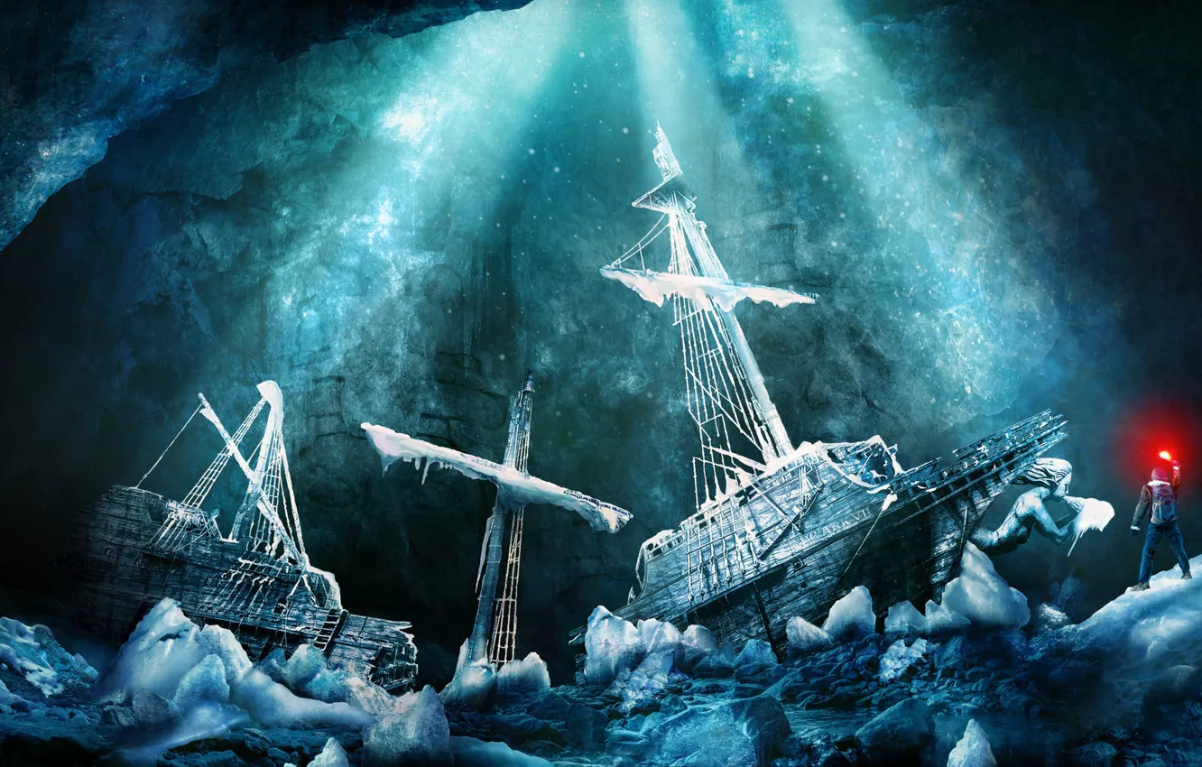 Фото обои свет, человек, лёд, корабли, факел, ab aeterno