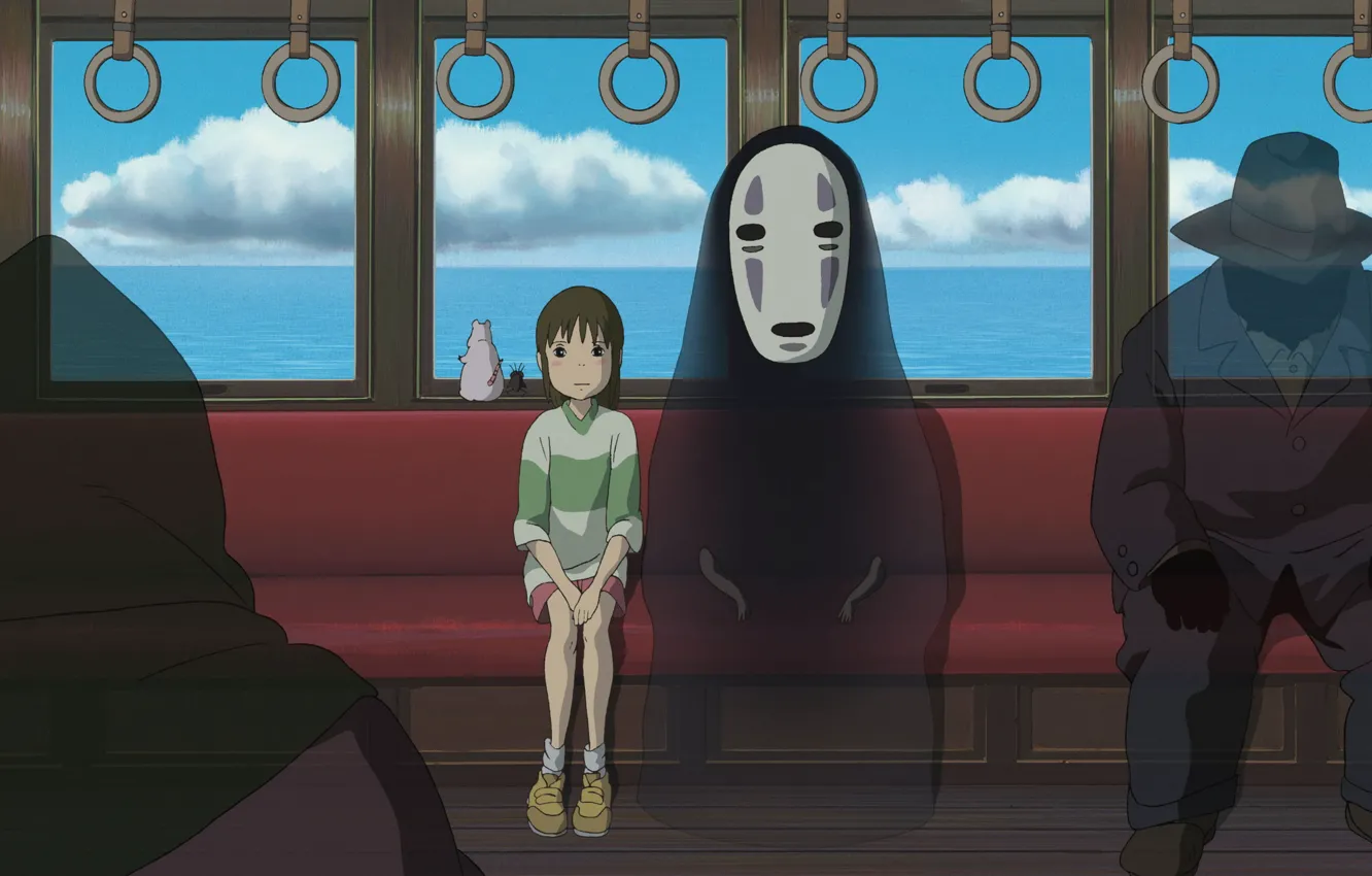 Фото обои поезд, аниме, арт, девочка, Хаяо Миядзаки, пассажиры, безликий, Тихиро