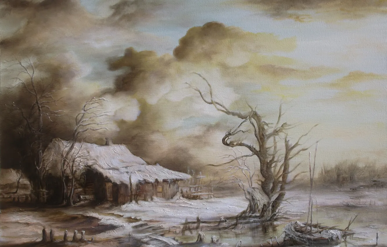 Фото обои зима, снег, пейзаж, тучи, дом, река, дерево, лодка