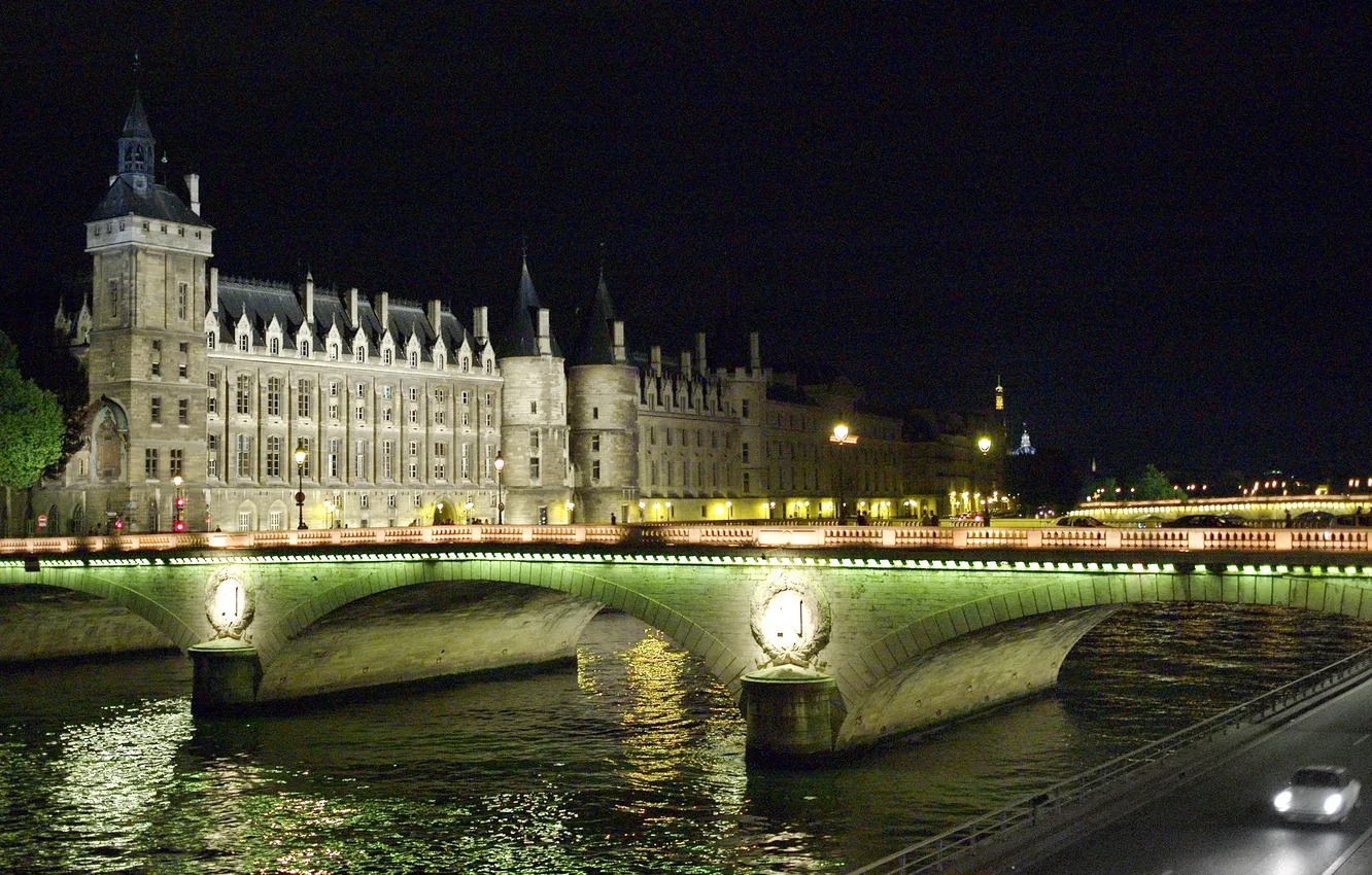 Фото обои ночь, мост, огни, река, Париж
